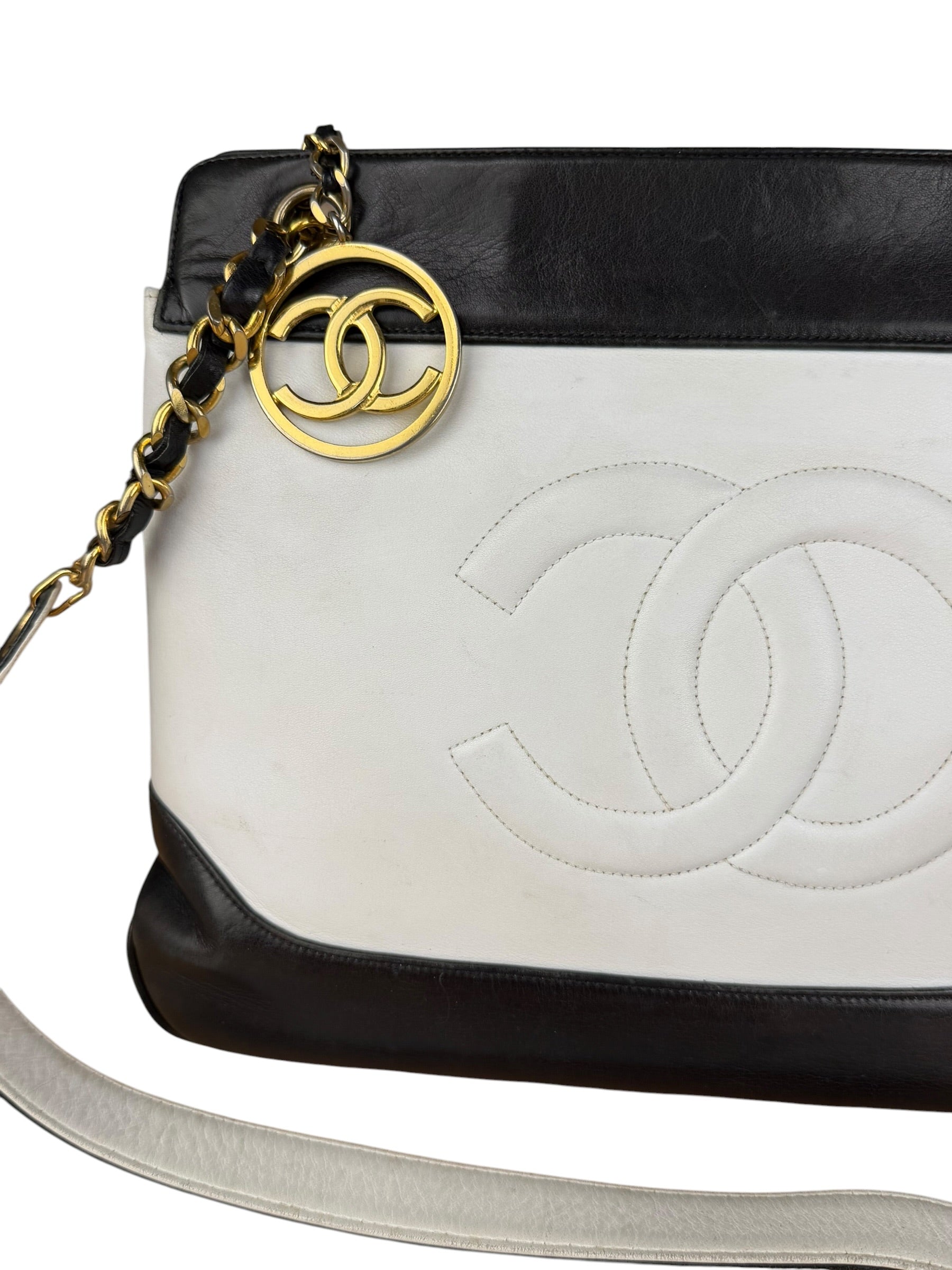 Chanel Vintage Black/White Leather CC Chain Tote '89-'91