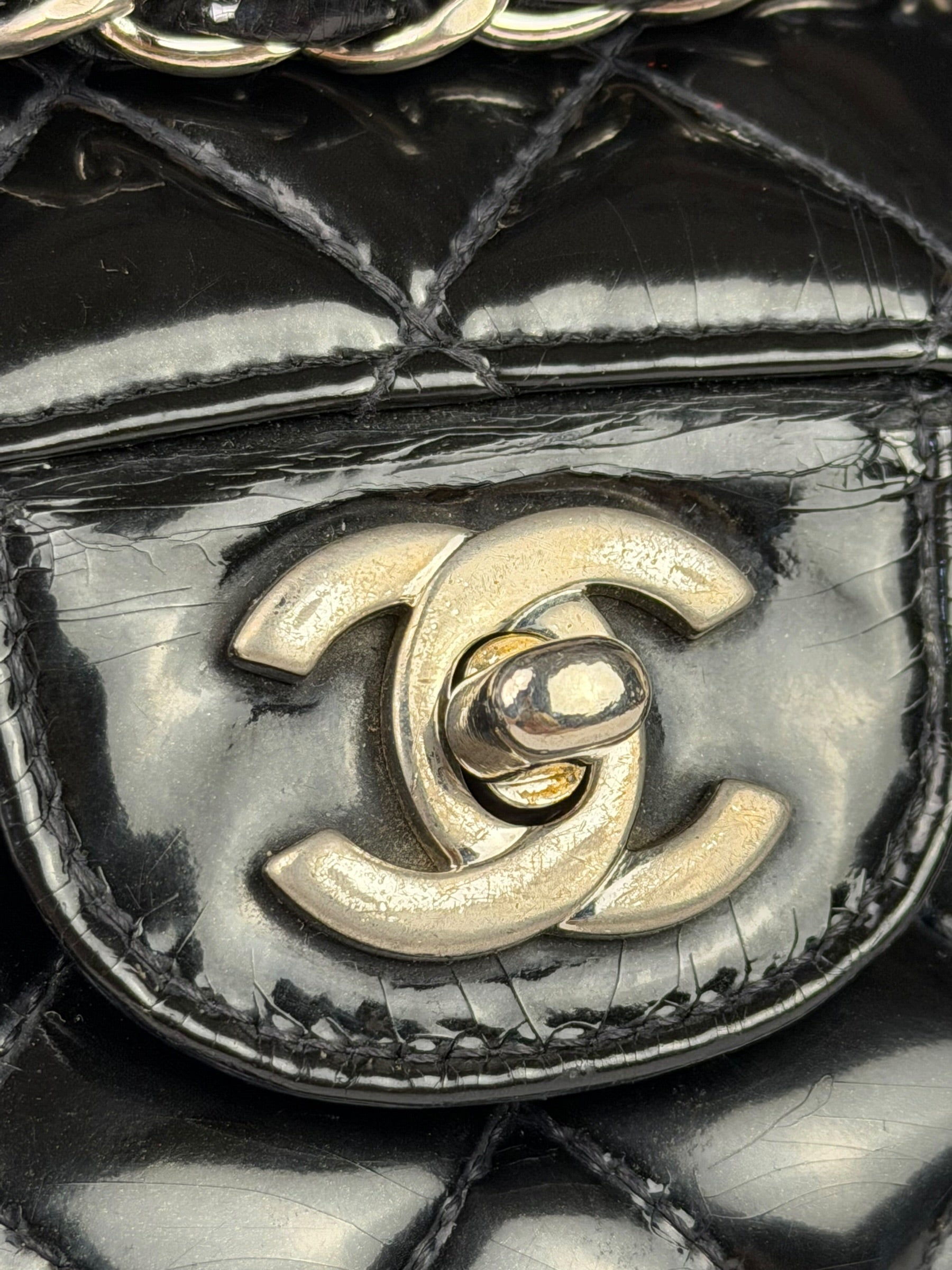 Chanel Black Patent Quilted Leather Double Flap Bag