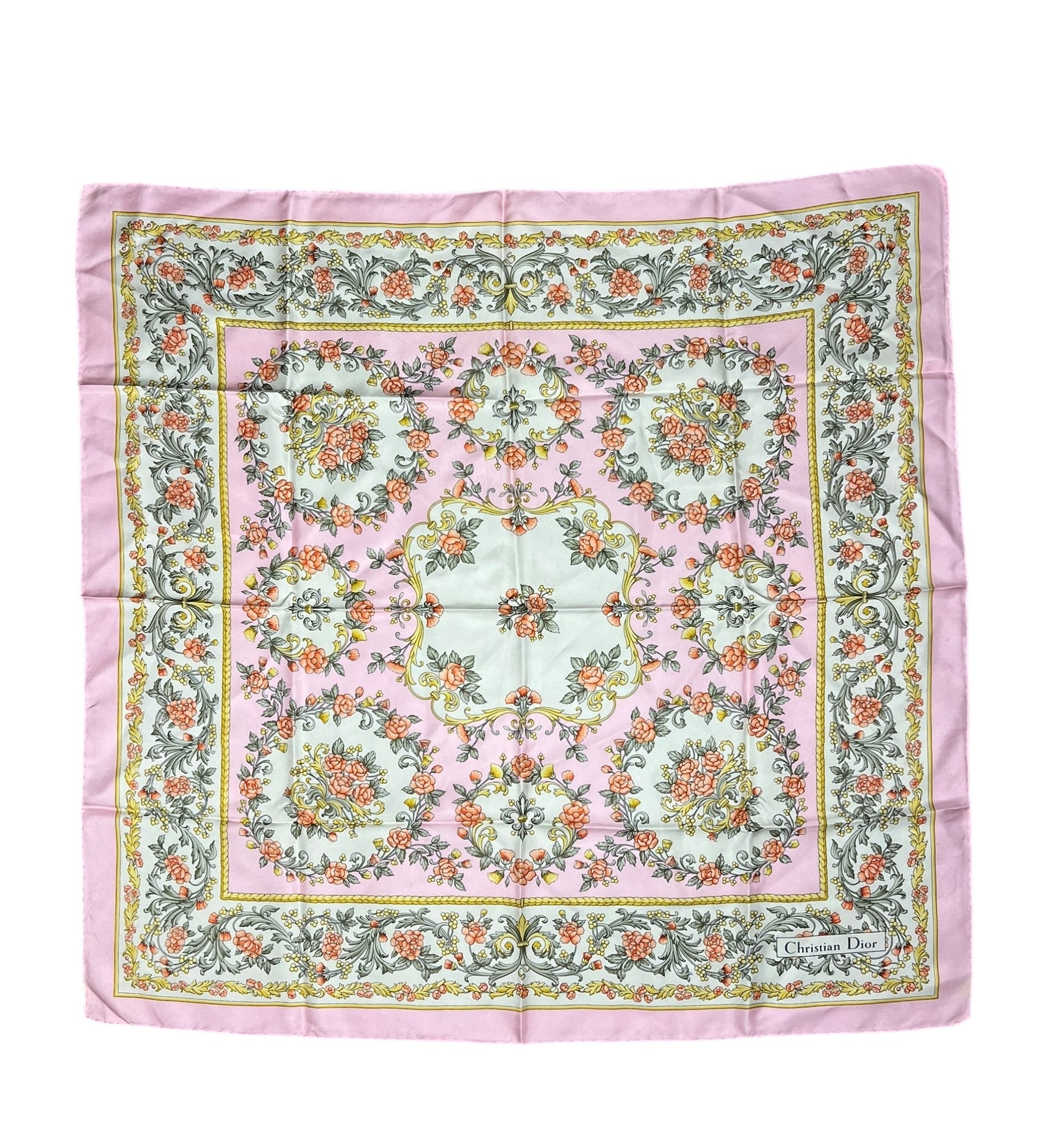 Christian Dior Baby Pink Flower Pattern Silk Scarf
