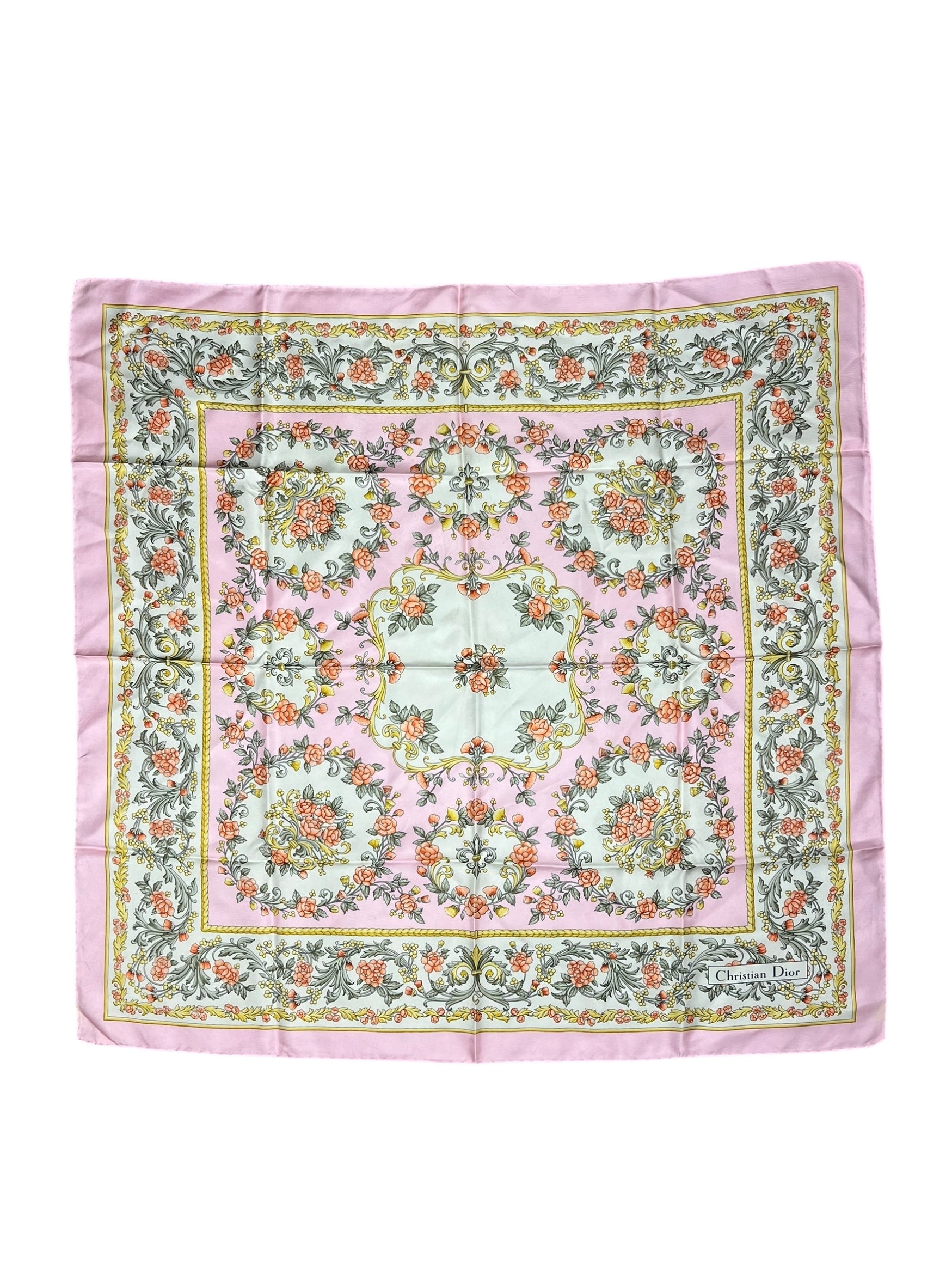 Christian Dior Baby Pink Flower Pattern Silk Scarf