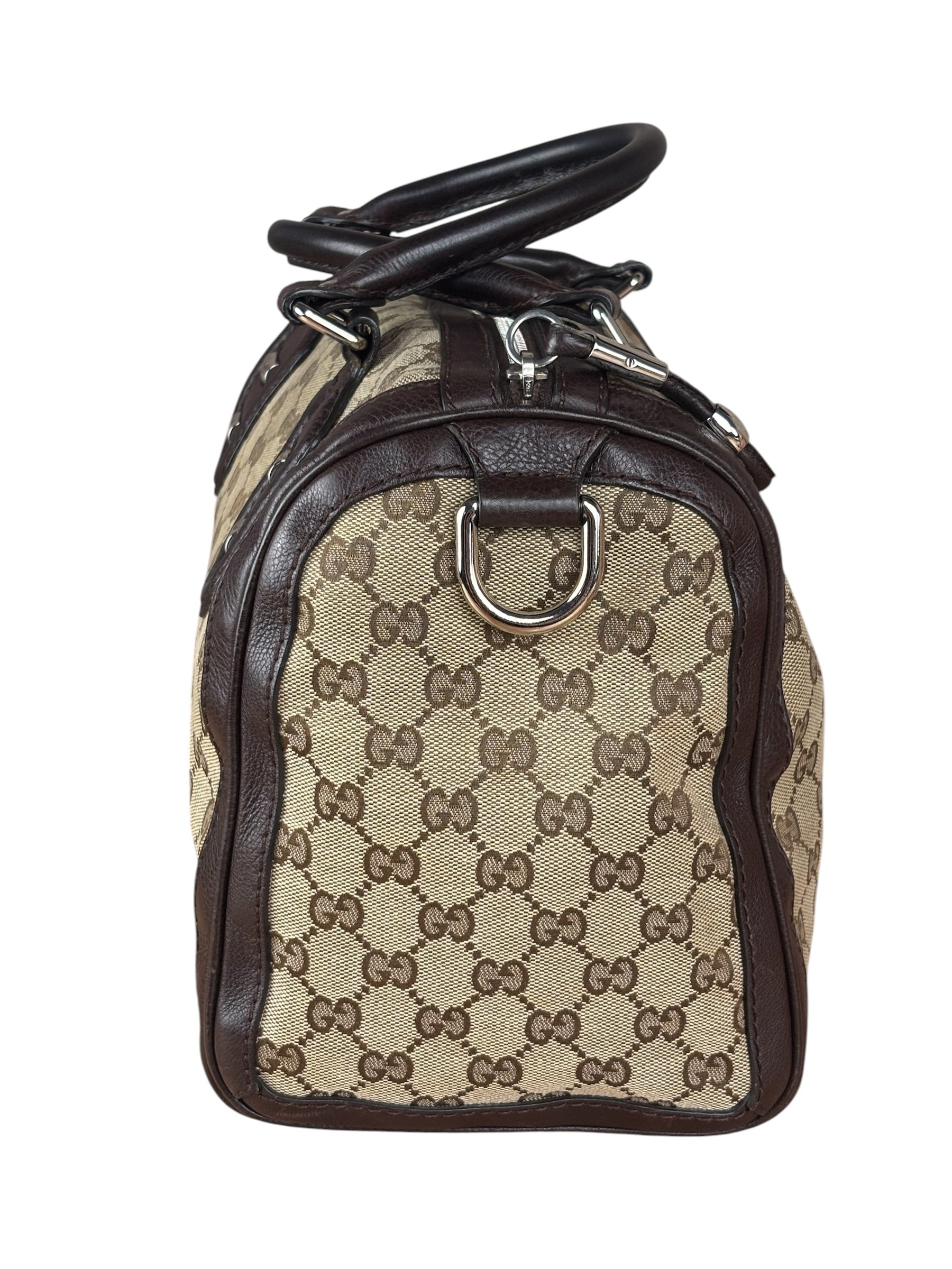 Gucci GG Leather Trim Canvas Techno Boston Handbag