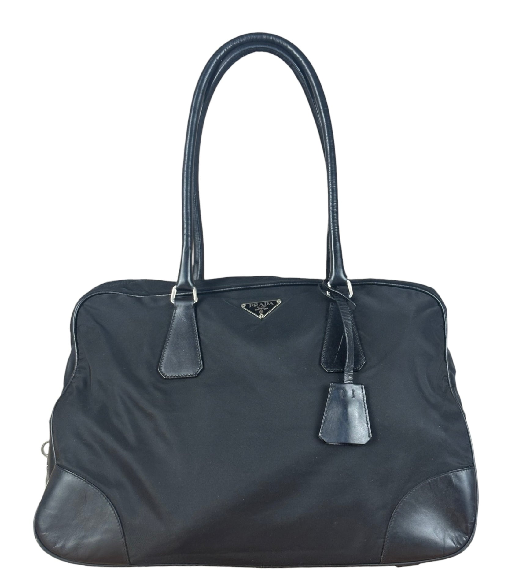 Prada Black Leather Tessuto Nylon Bowler Bag