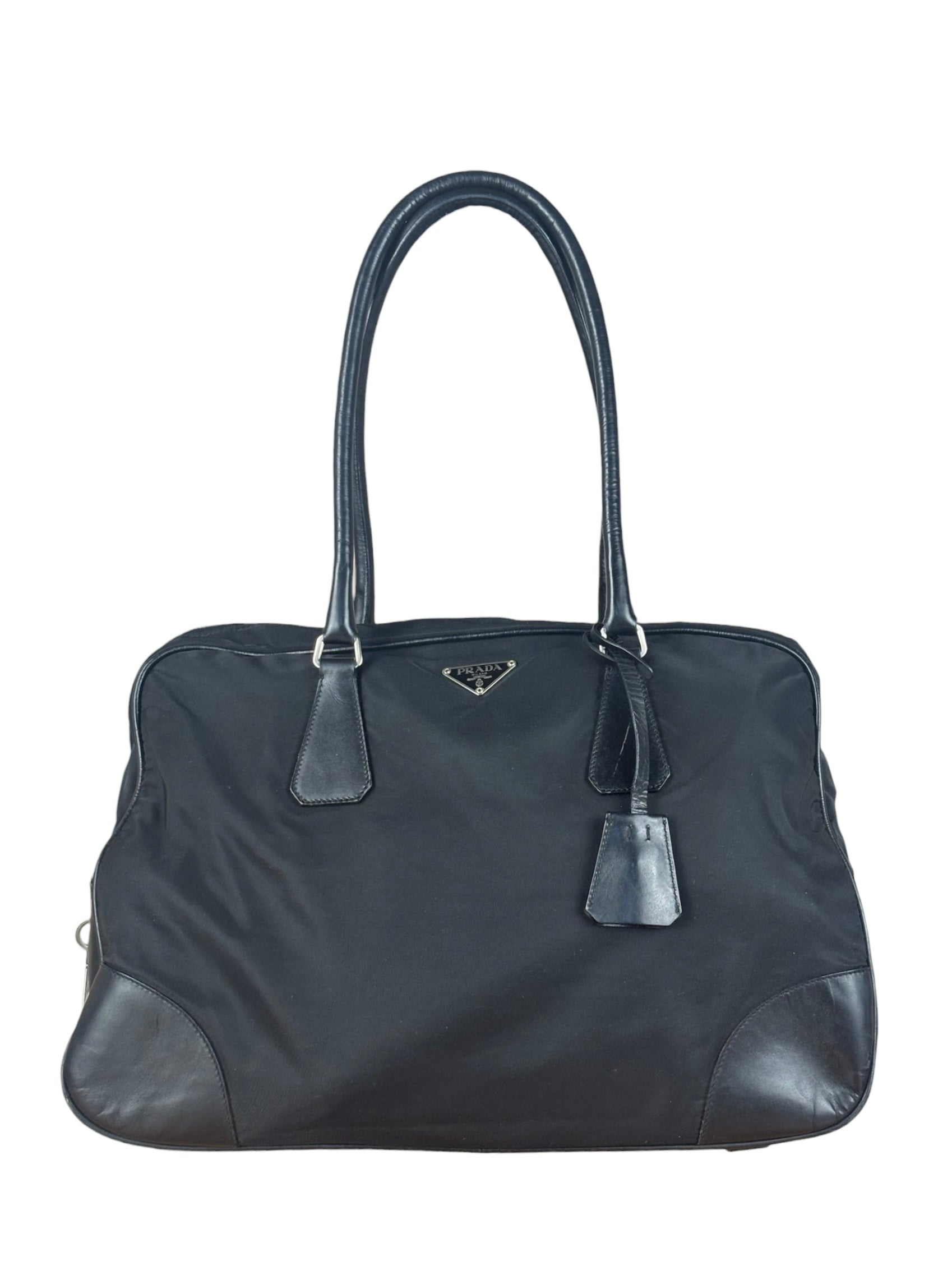 Prada Black Leather Tessuto Nylon Bowler Bag