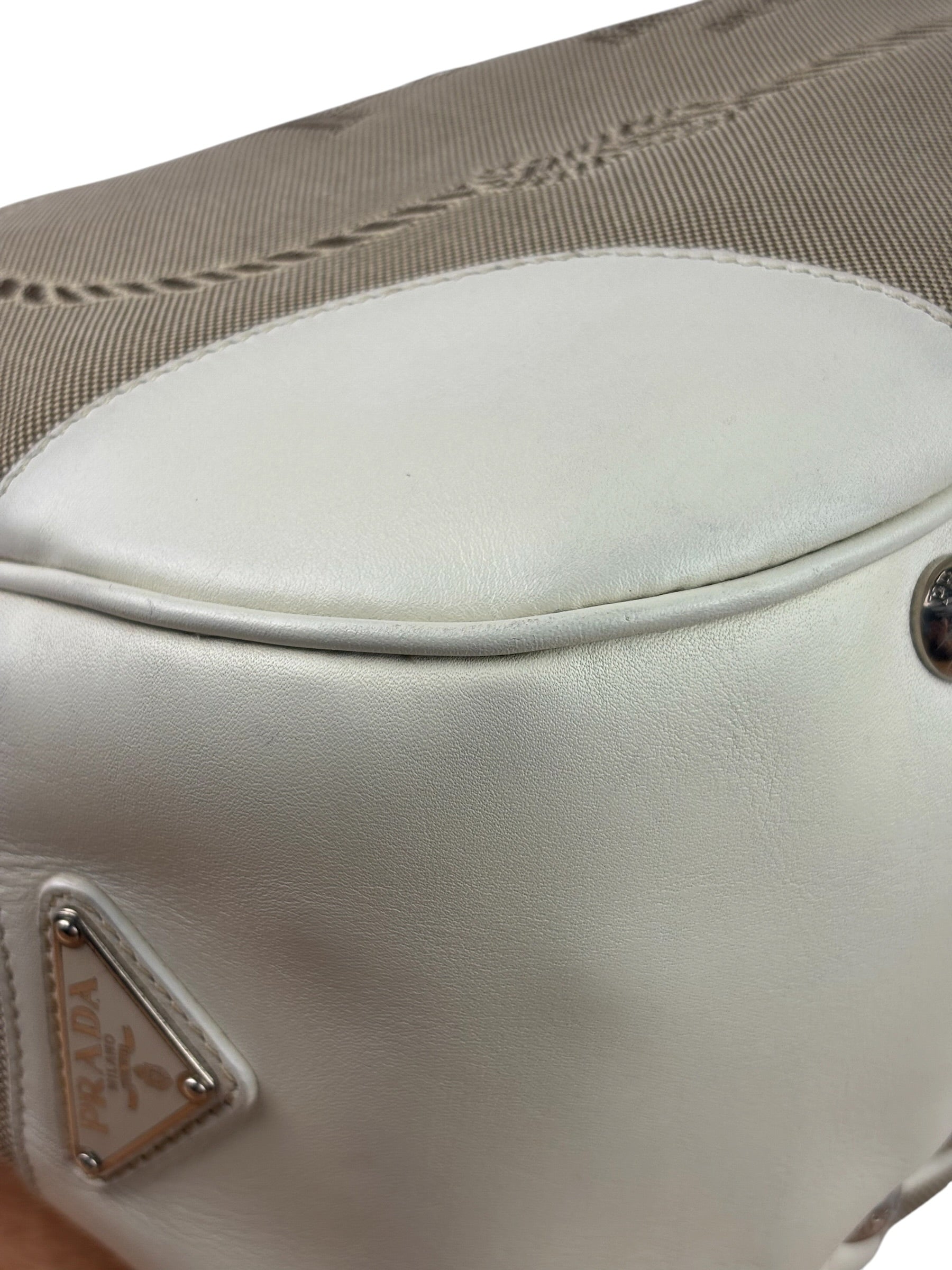 Prada Beige/Cream Leather Trim Logo Jacquard Hobo Bag