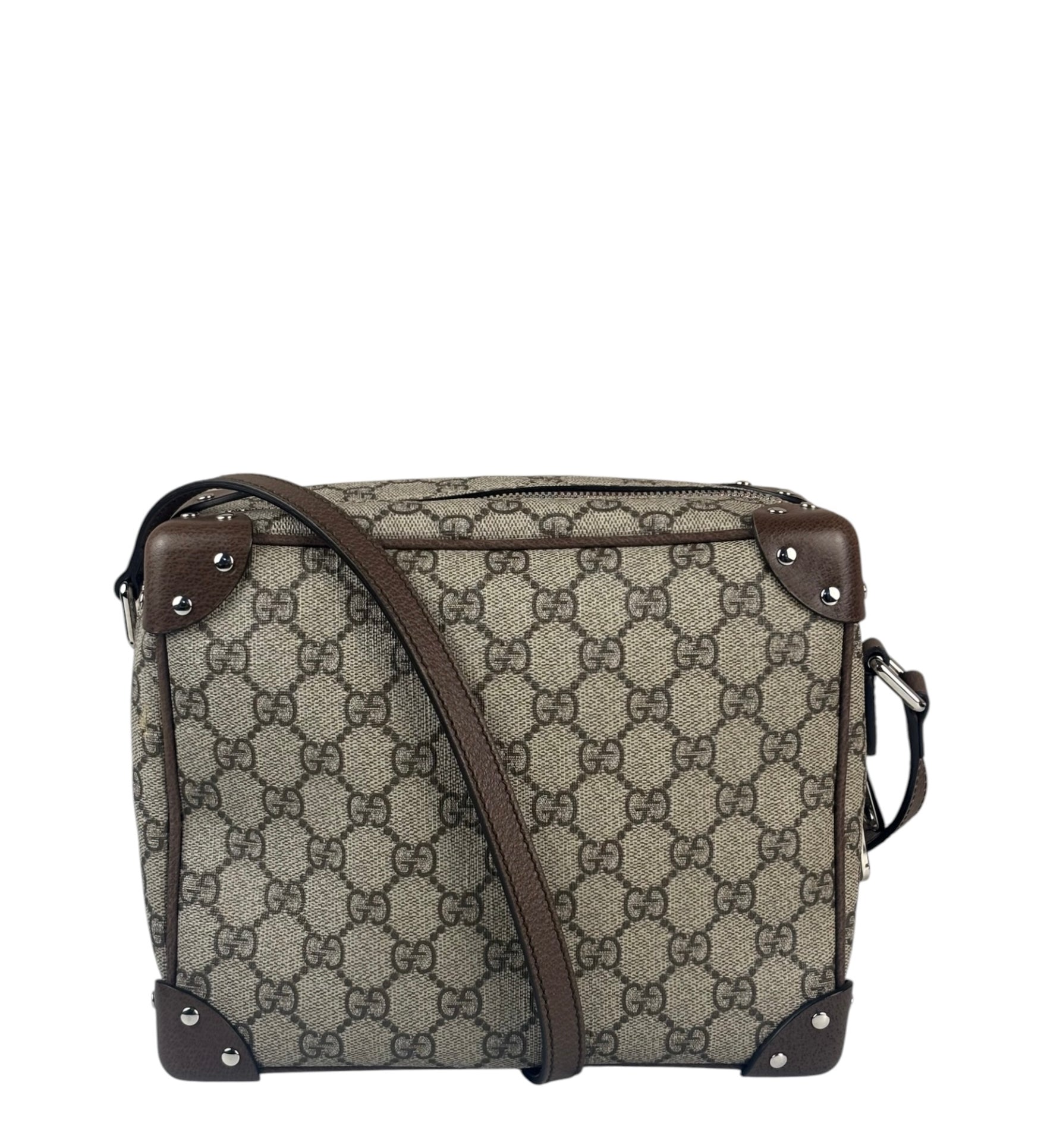 Gucci Brown Leather Trim GG Supreme Soft Trunk Crossbody
