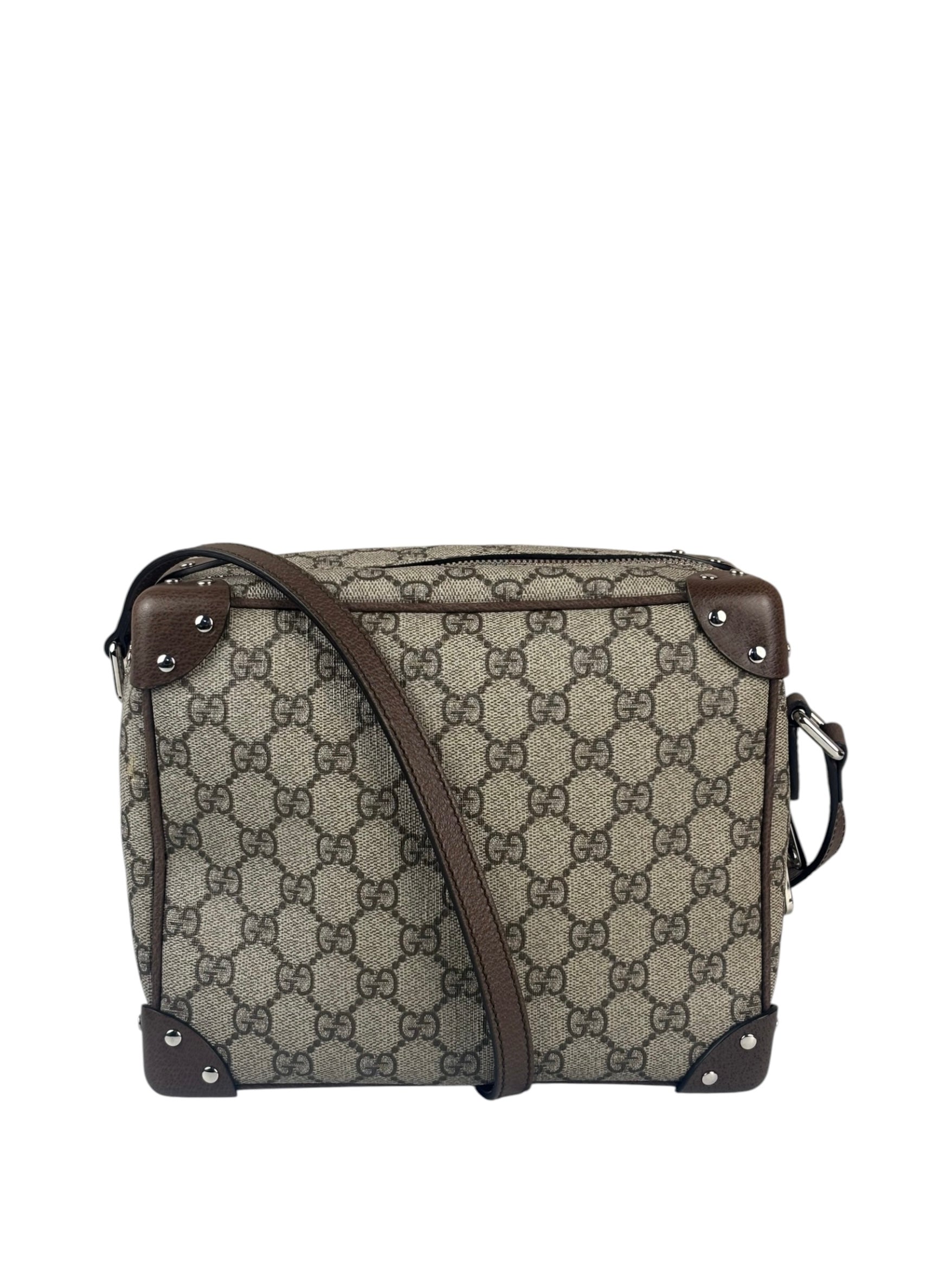 Gucci Brown Leather Trim GG Supreme Soft Trunk Crossbody