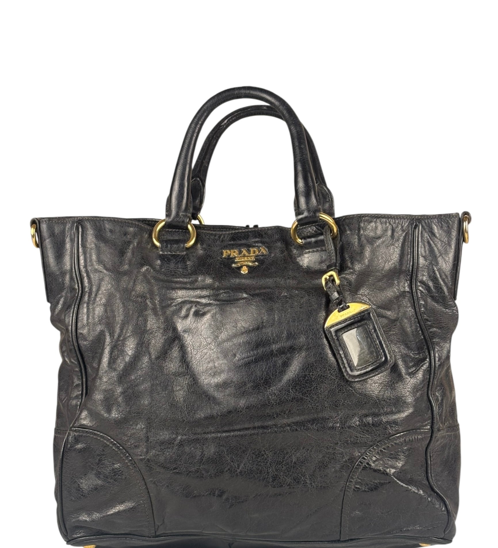 Prada Vintage Black Shine Leather Vitello Daino Tote