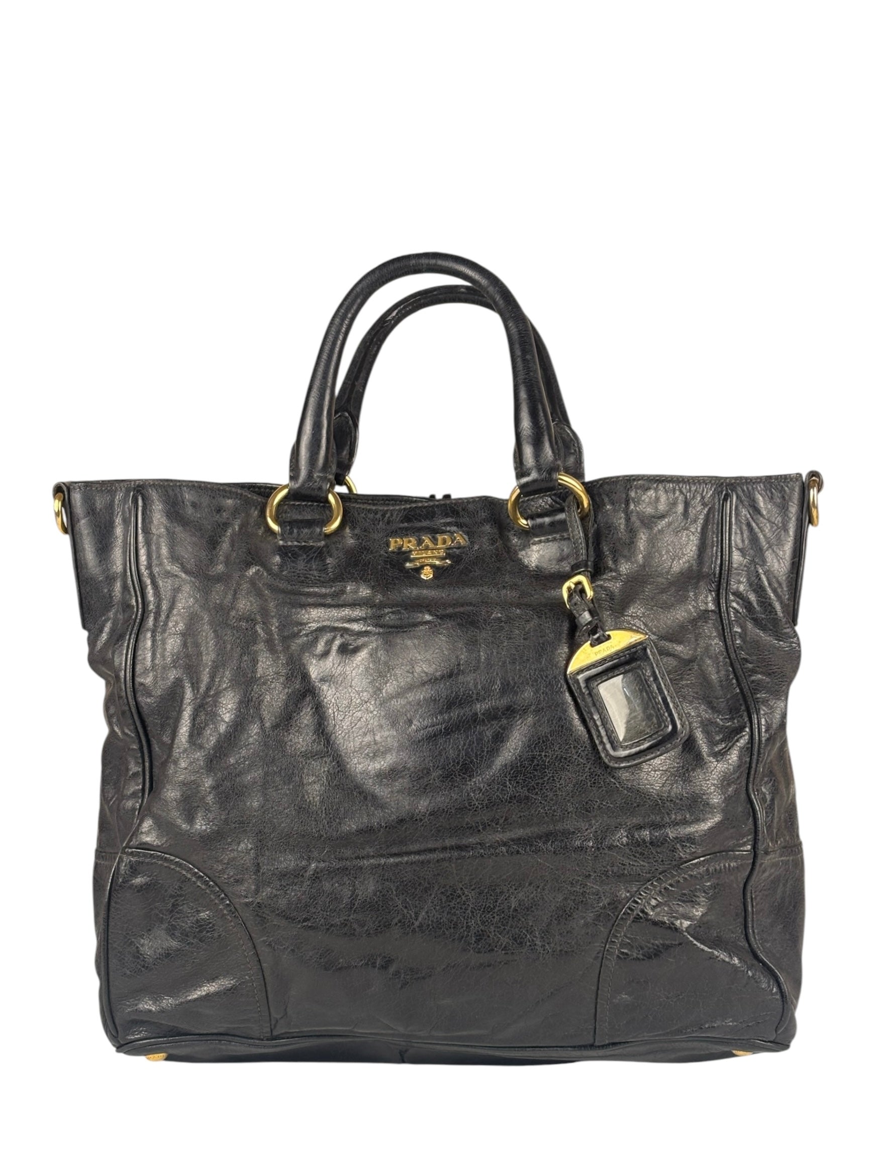 Prada Vintage Black Shine Leather Vitello Daino Tote