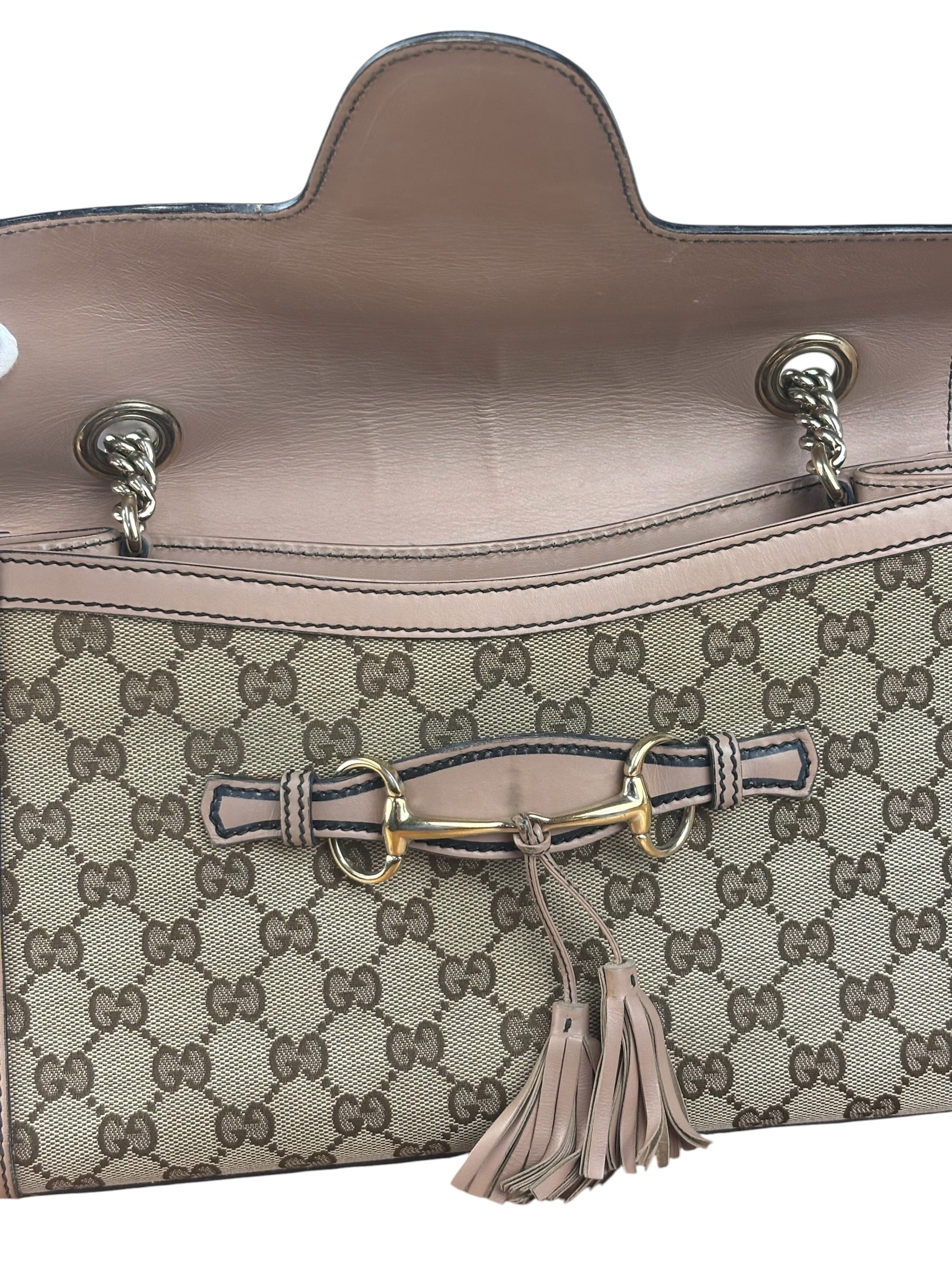 Gucci Peach Leather Trim GG Canvas Emily Chain Flap Shoulder Bag