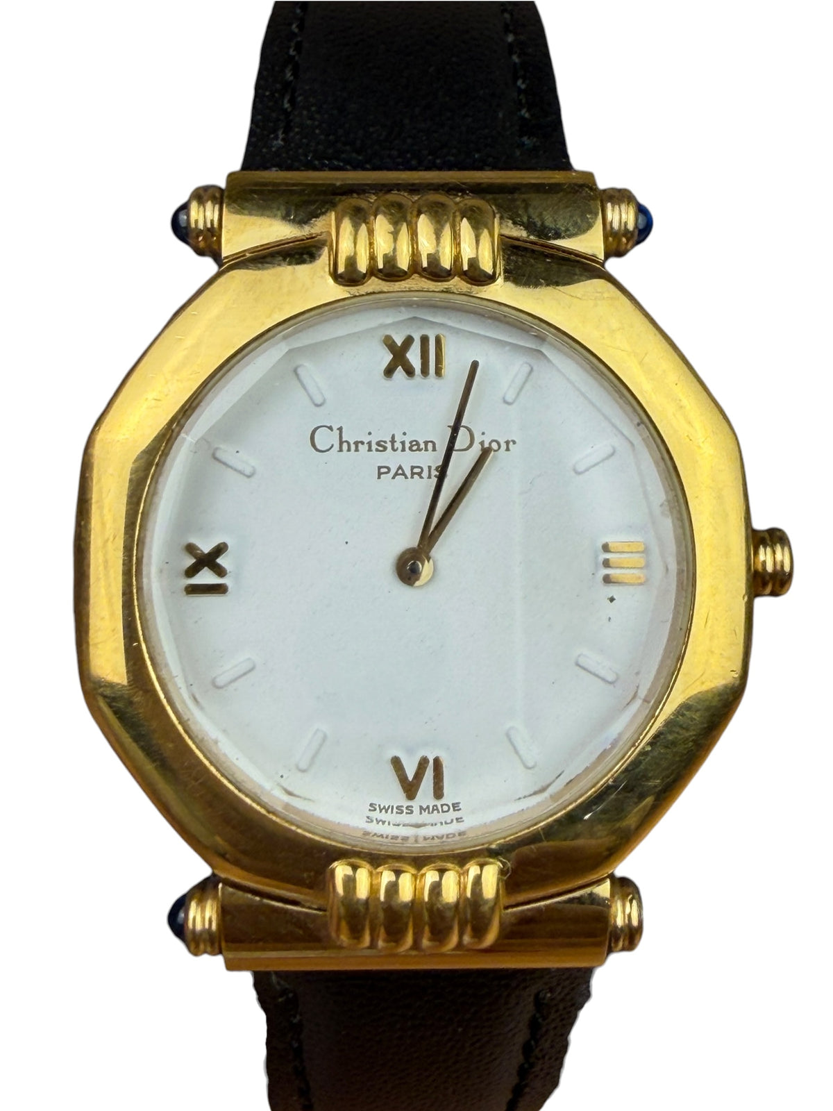 Christian Dior Octagon White Dial Black Leather Strap