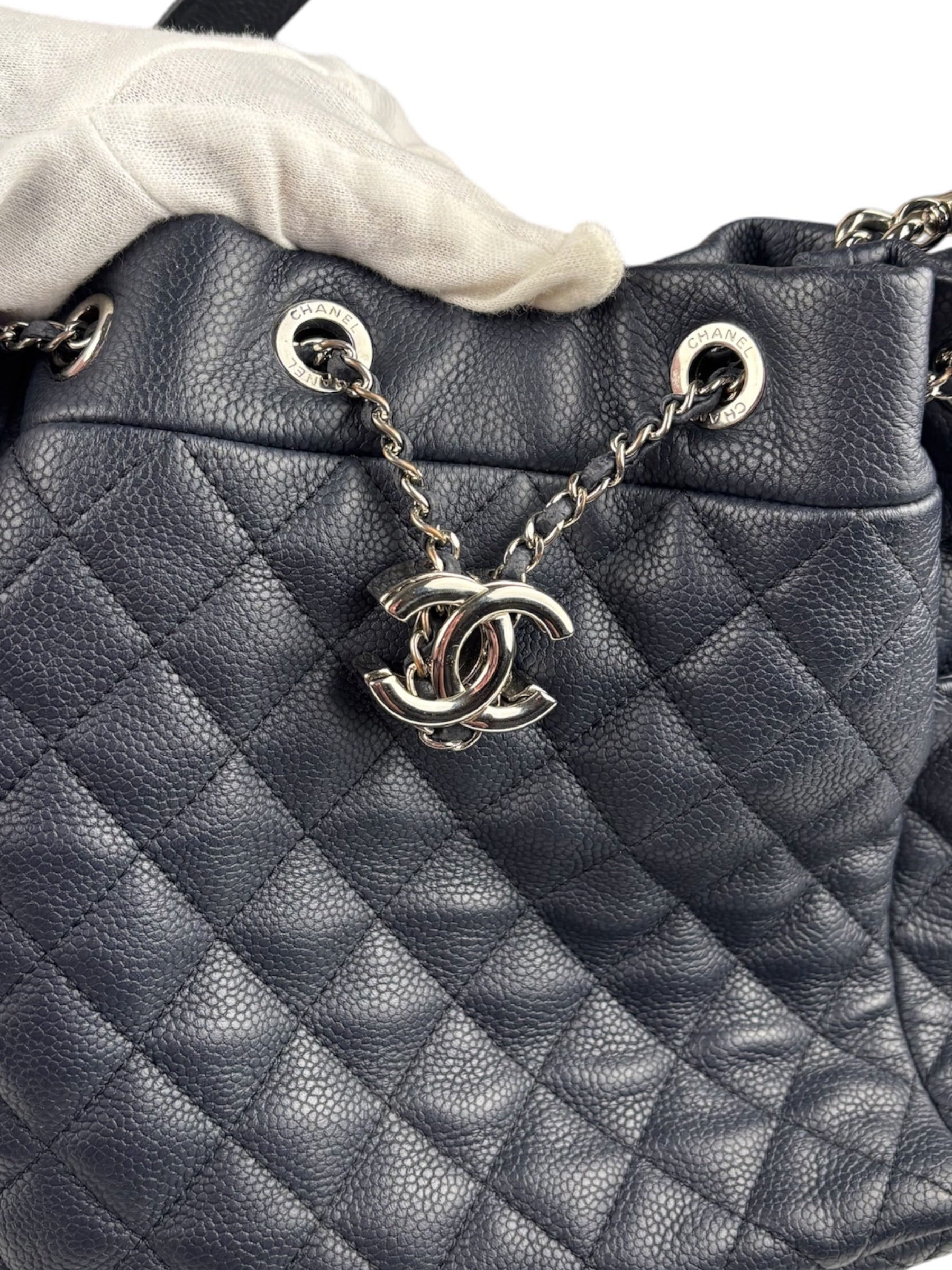 Chanel Navy Blue Leather Drawstring Bucket Two-Way Bag 2018