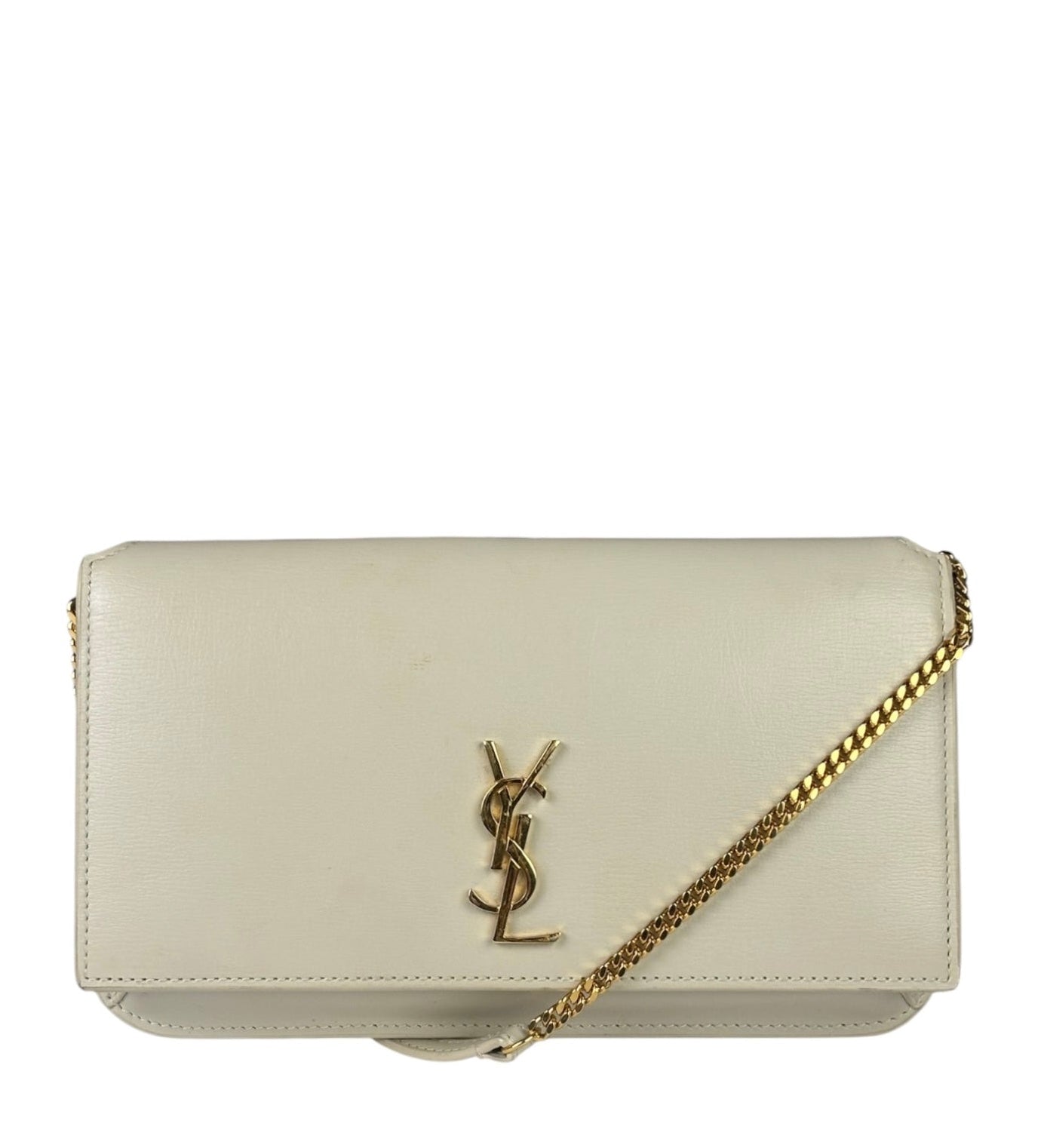 YSL Beige Leather Cassandre Small Chain Flap Bag