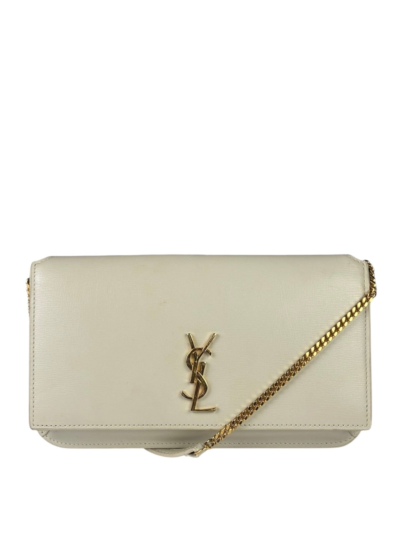 YSL Beige Leather Cassandre Small Chain Flap Bag