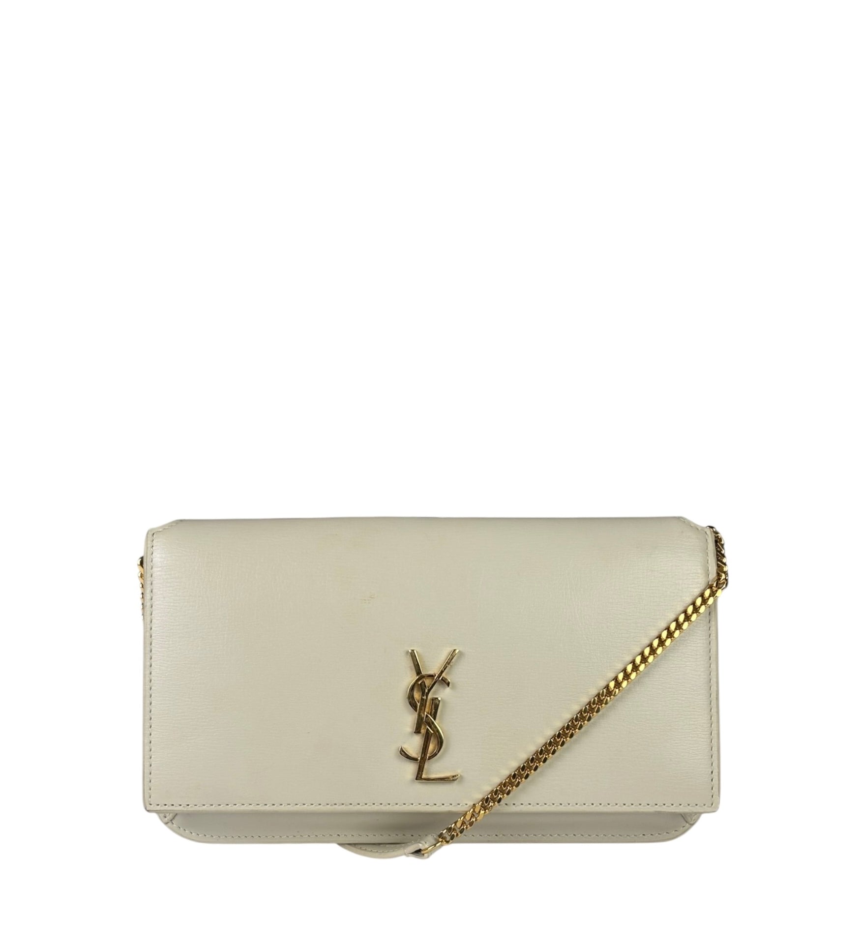 YSL Beige Leather Cassandre Small Chain Flap Bag
