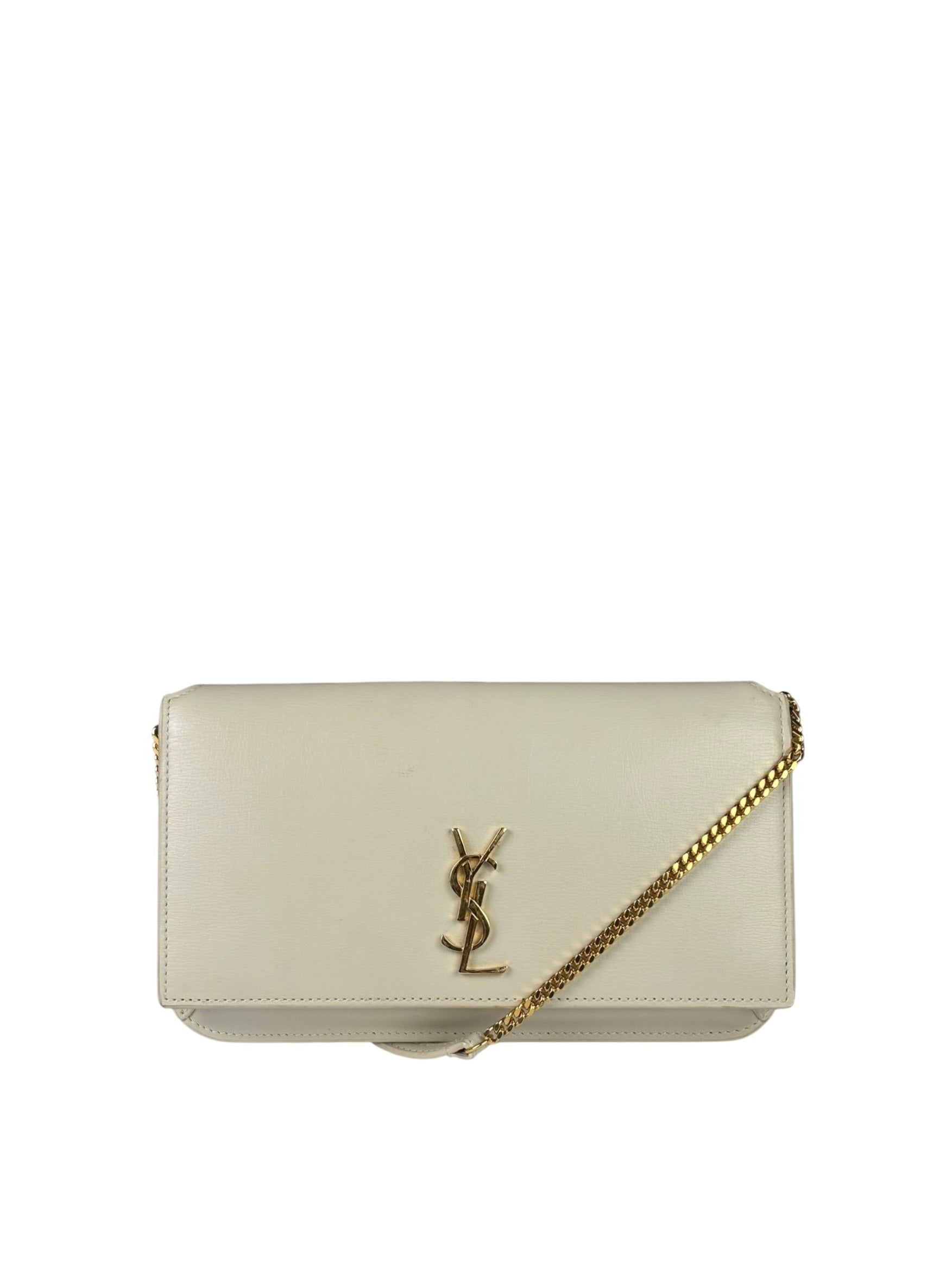 YSL Beige Leather Cassandre Flap Phone Holder