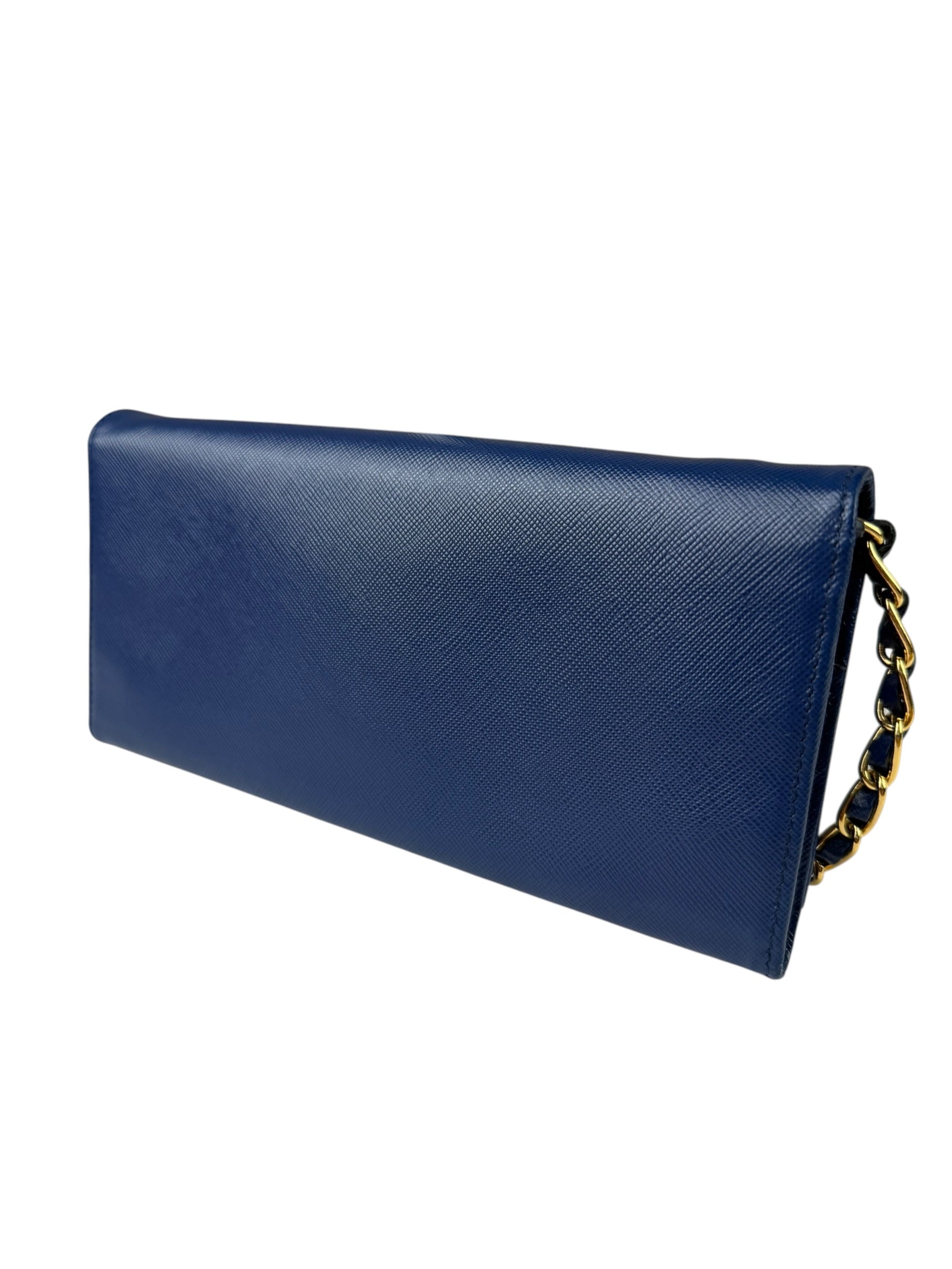 Prada Blue Saffiano Leather Fire Flap Wallet On Chain