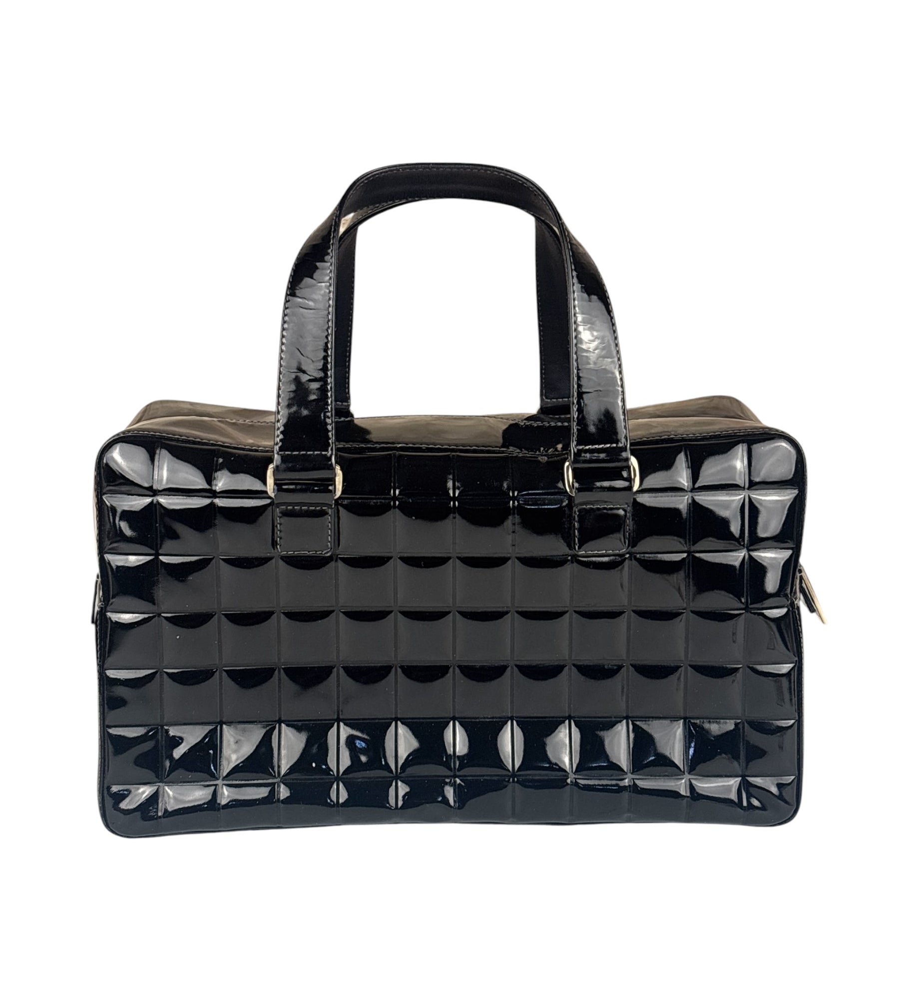 Chanel Black Leather Patent Chocolate Bar Bowler Hand Bag
