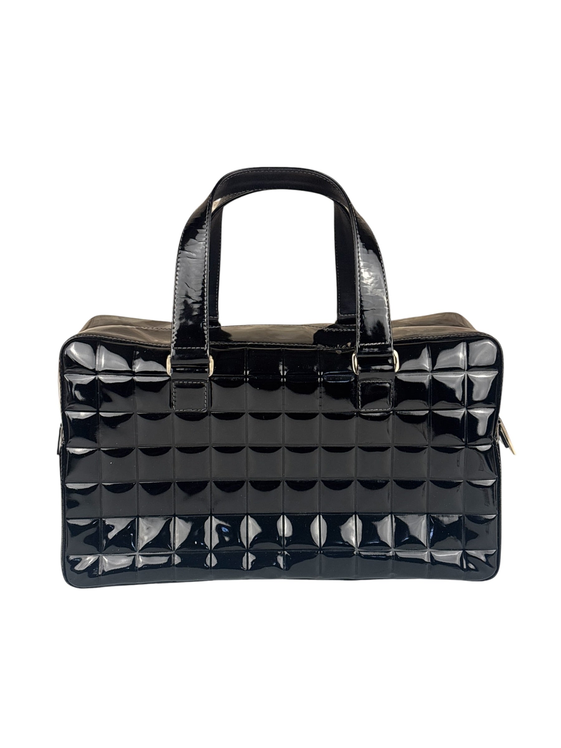 Chanel Black Leather Patent Chocolate Bar Bowler Hand Bag