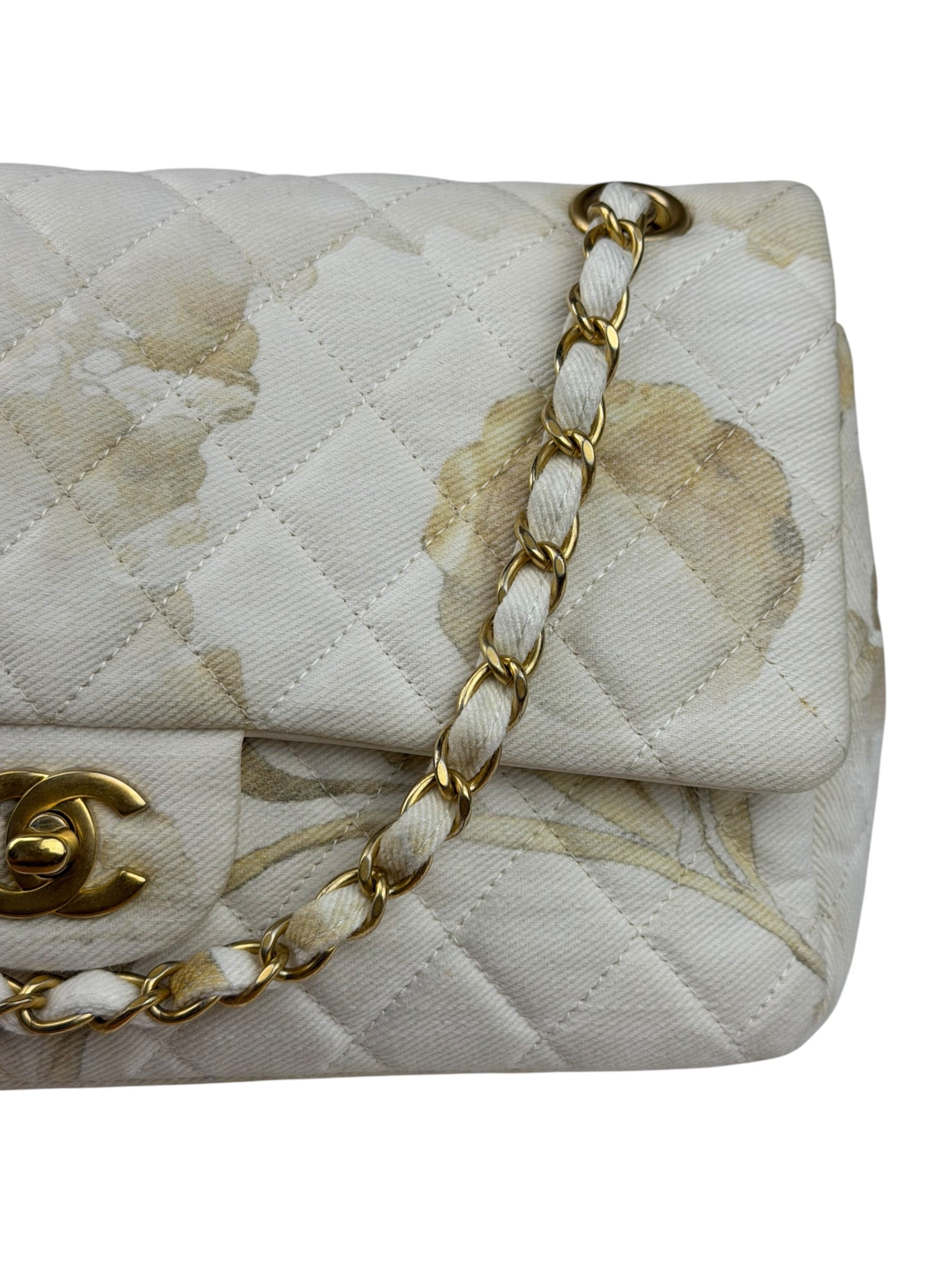 Chanel White Denim/Leather Trim Greek Collection Flower Double Flap Bag 2018