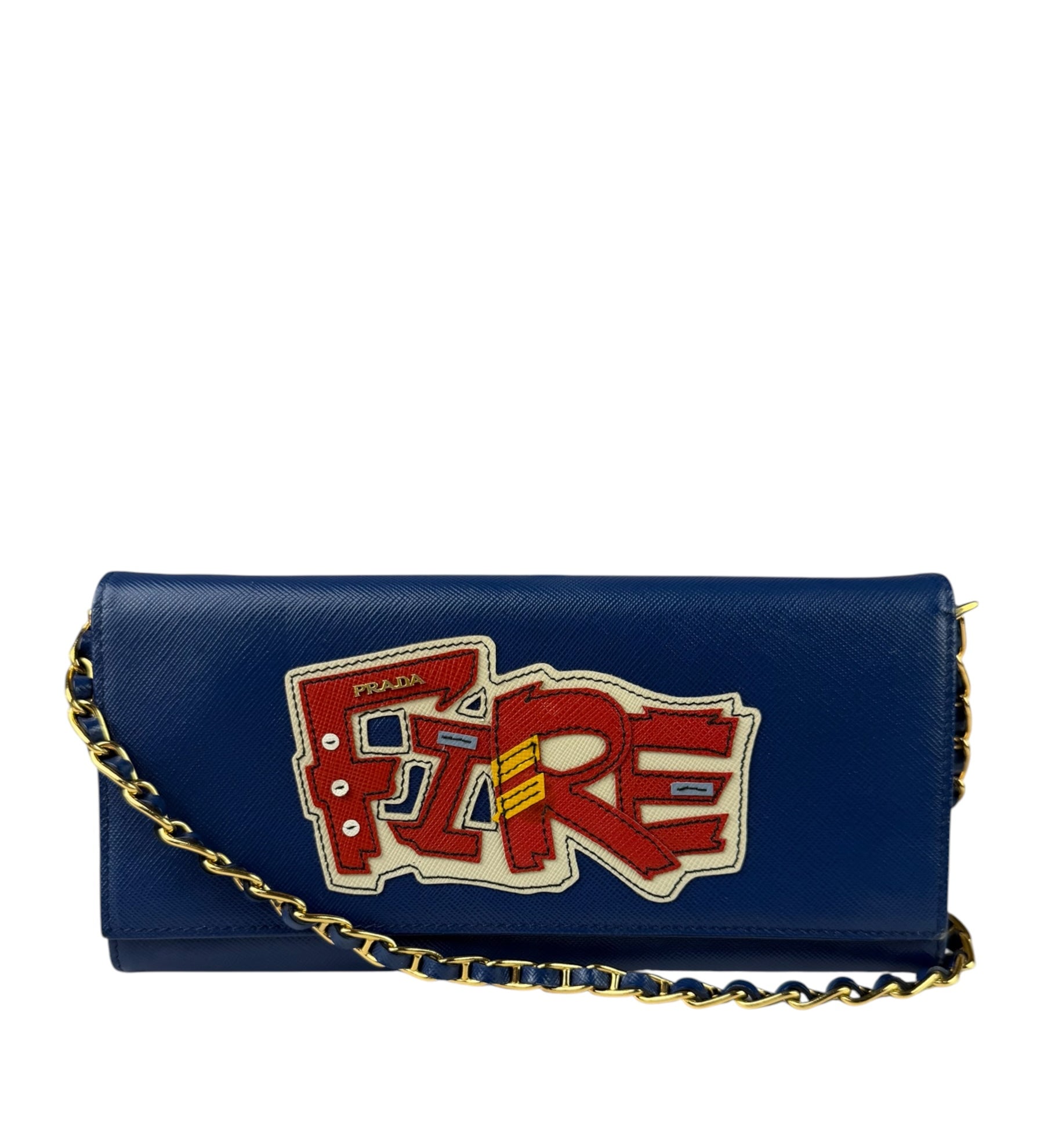 Prada Blue Saffiano Leather Fire Flap Wallet On Chain