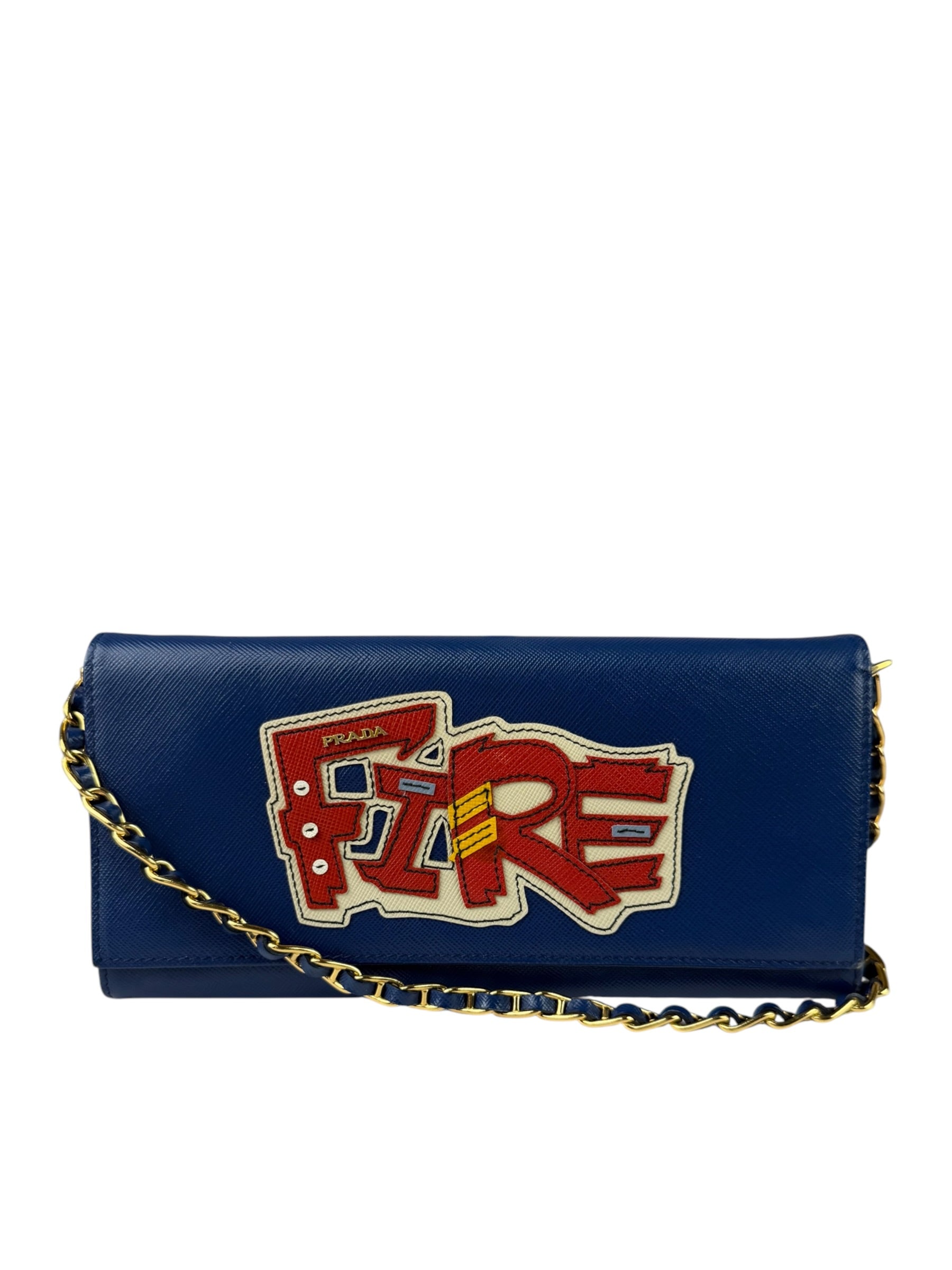 Prada Blue Saffiano Leather Fire Flap Wallet On Chain