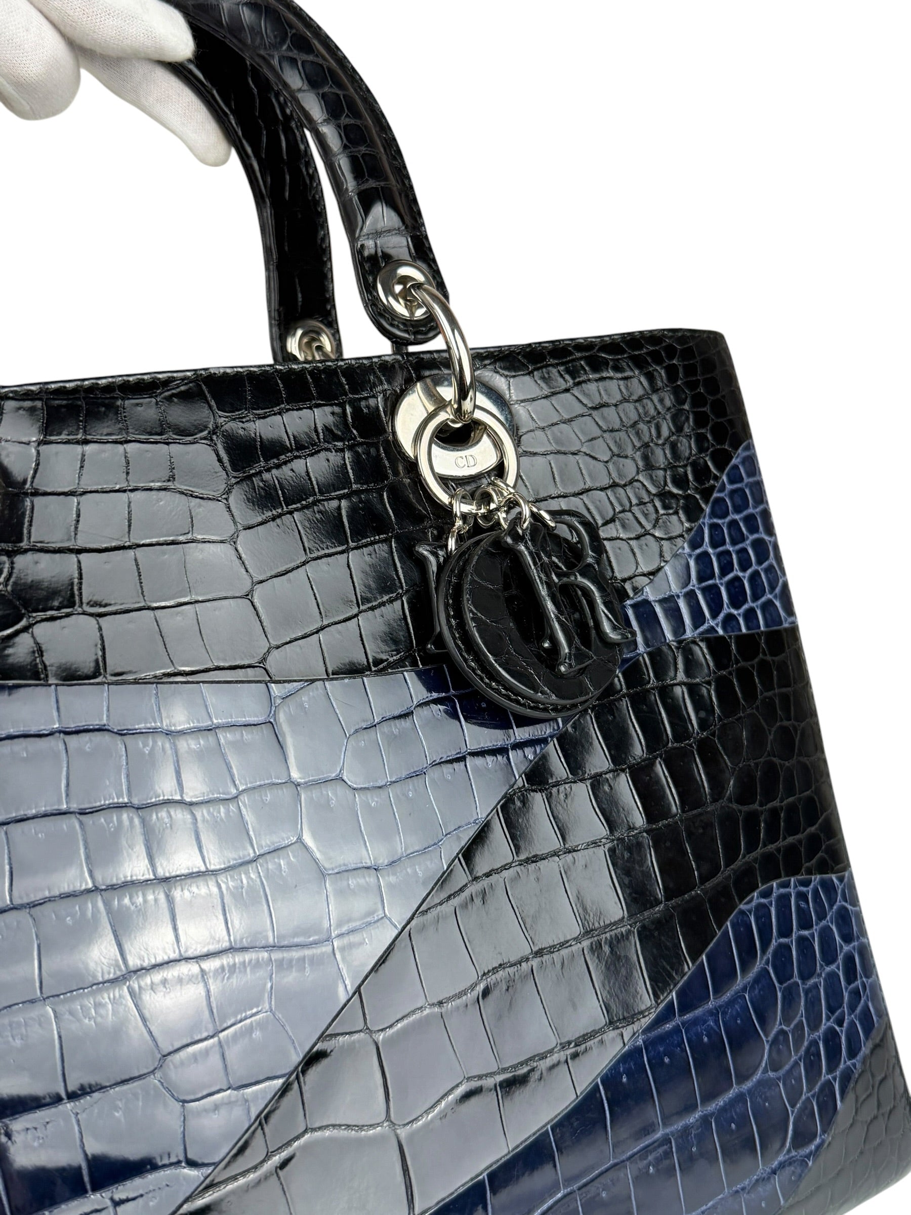 Christian Dior Rare Black/Navy Croc Embossed Lady Dior Handbag
