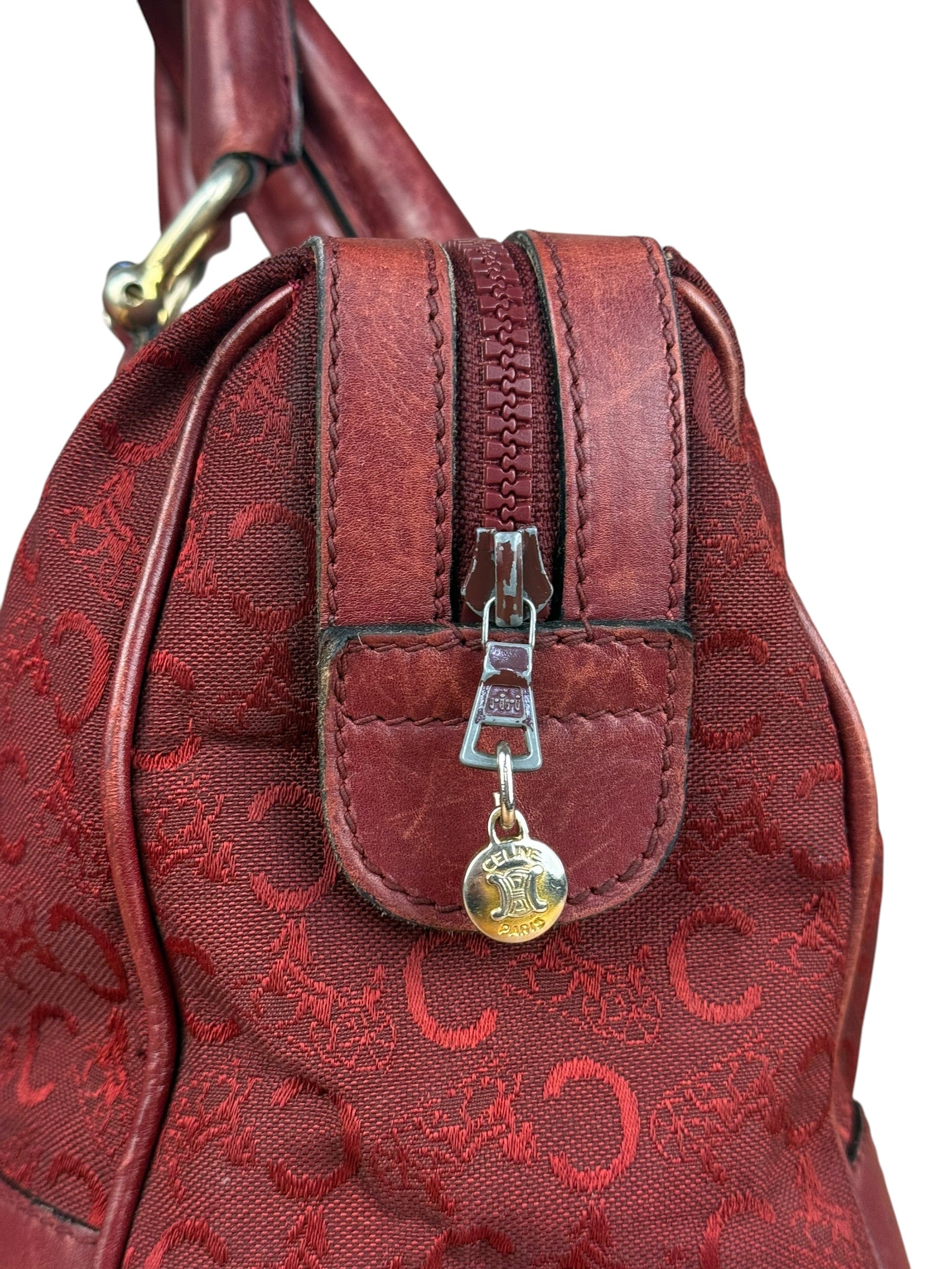 Celine Vintage Burgundy Macadam Print Mini Boston Handbag