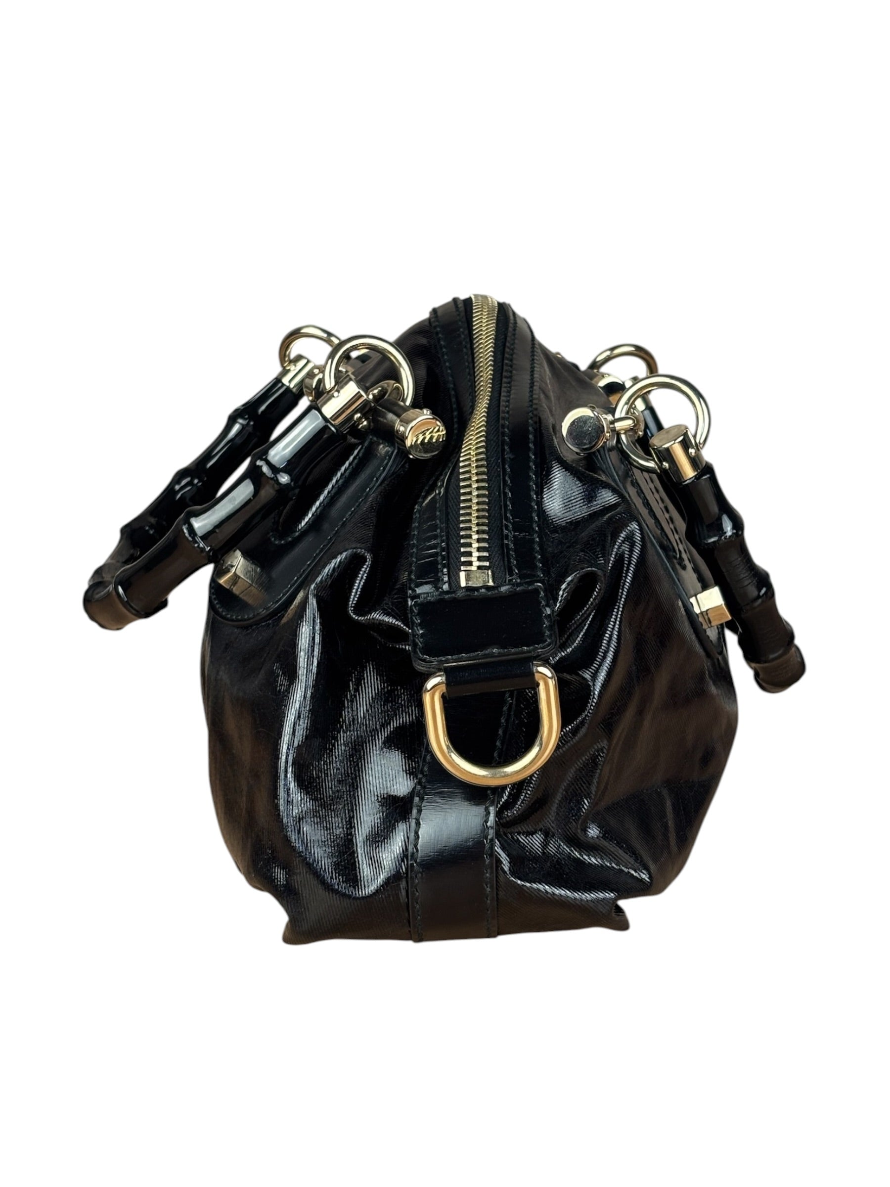 Gucci Black Patent Vintage Dialux Pop Bamboo 2Way Handbag