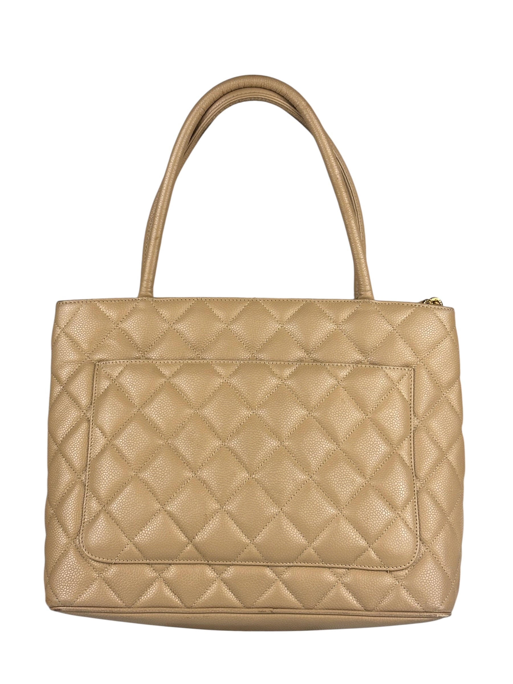Chanel Vintage Beige Leather Diamond Quilted Medallion Tote Bag 2002