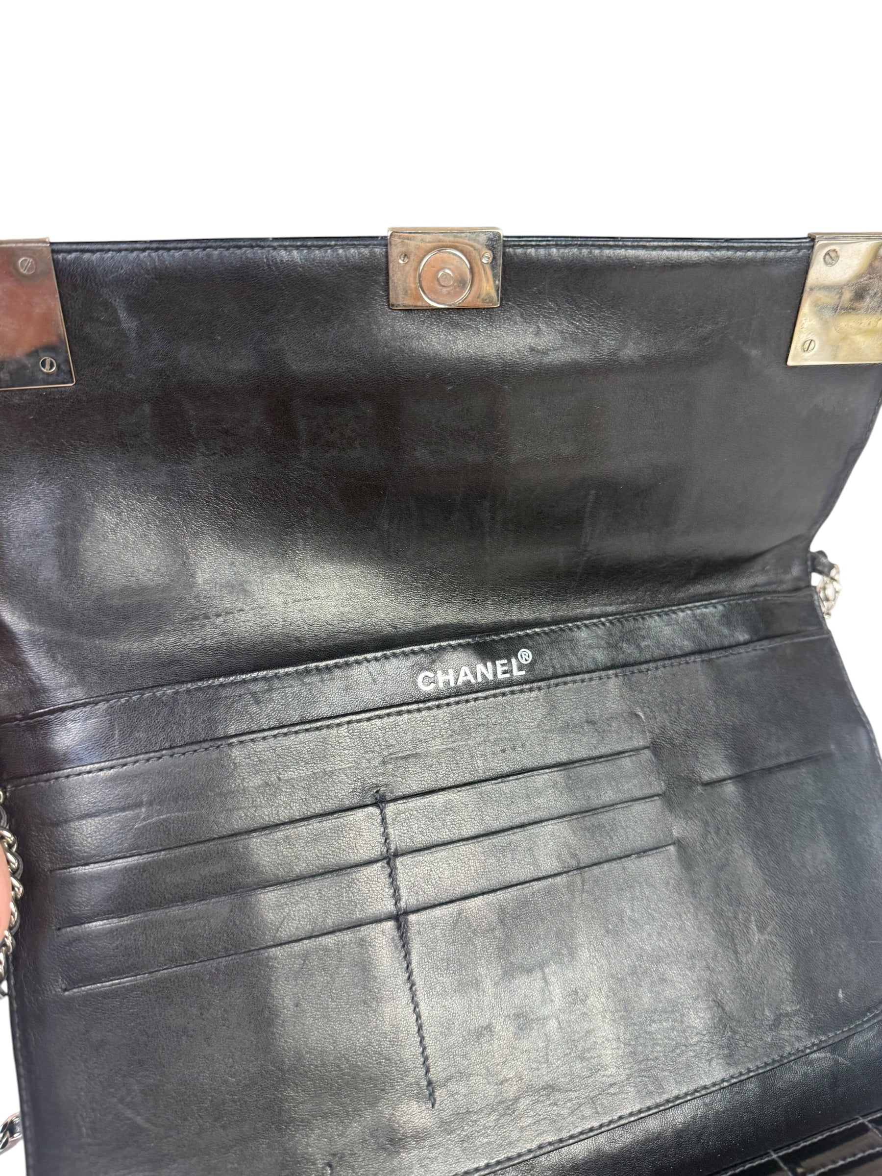 Chanel Black Patent Chocolate Bar Quilted Flap Shoulder Bag 2001