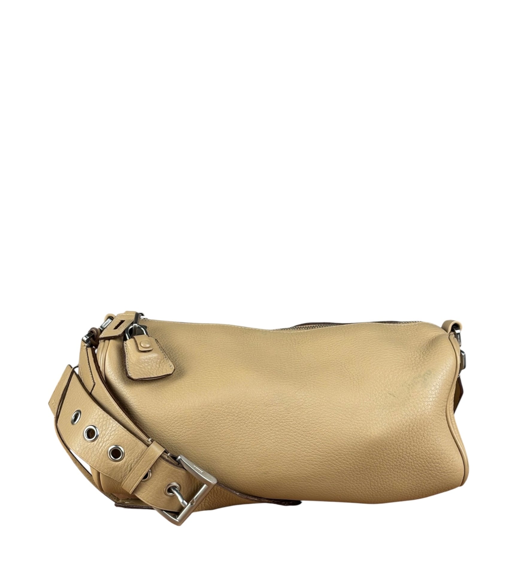 Prada Beige Leather Vitello Daino Buckle Shoulder Bag