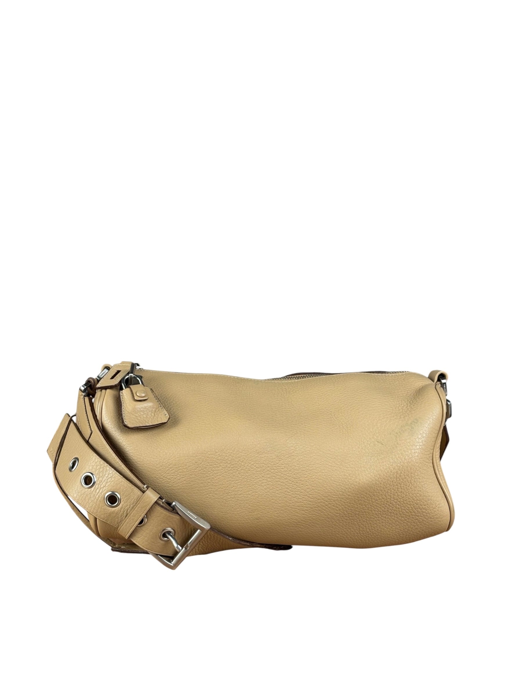 Prada Beige Leather Vitello Daino Buckle Shoulder Bag