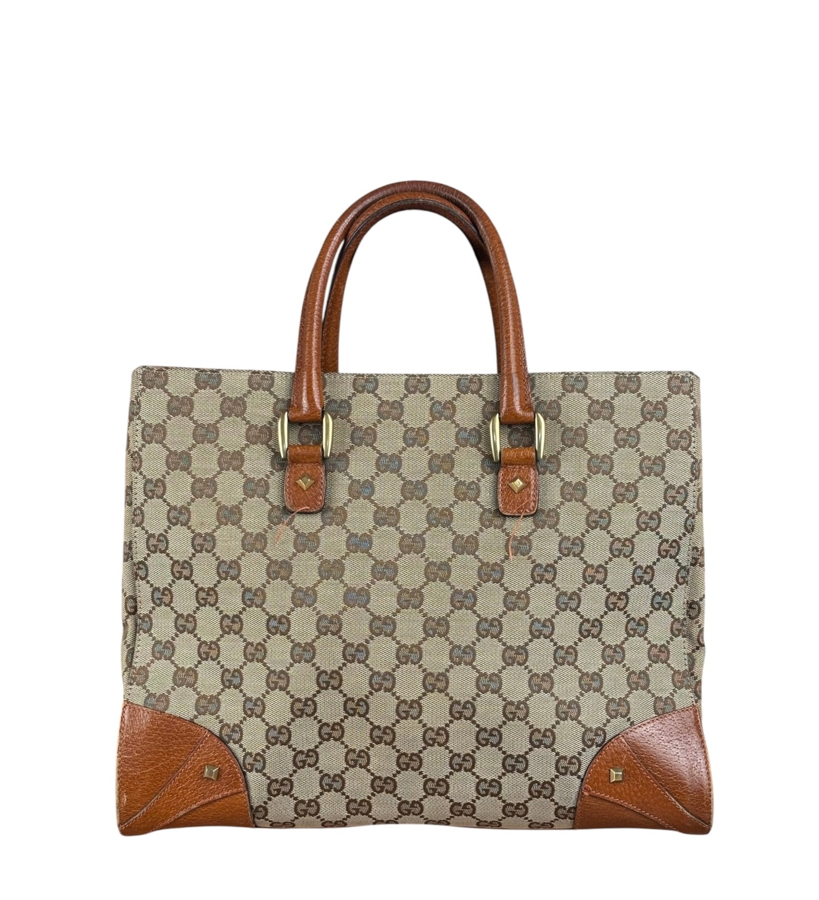 Gucci GG Brown Leather Trim Canvas Monogram Tote Bag