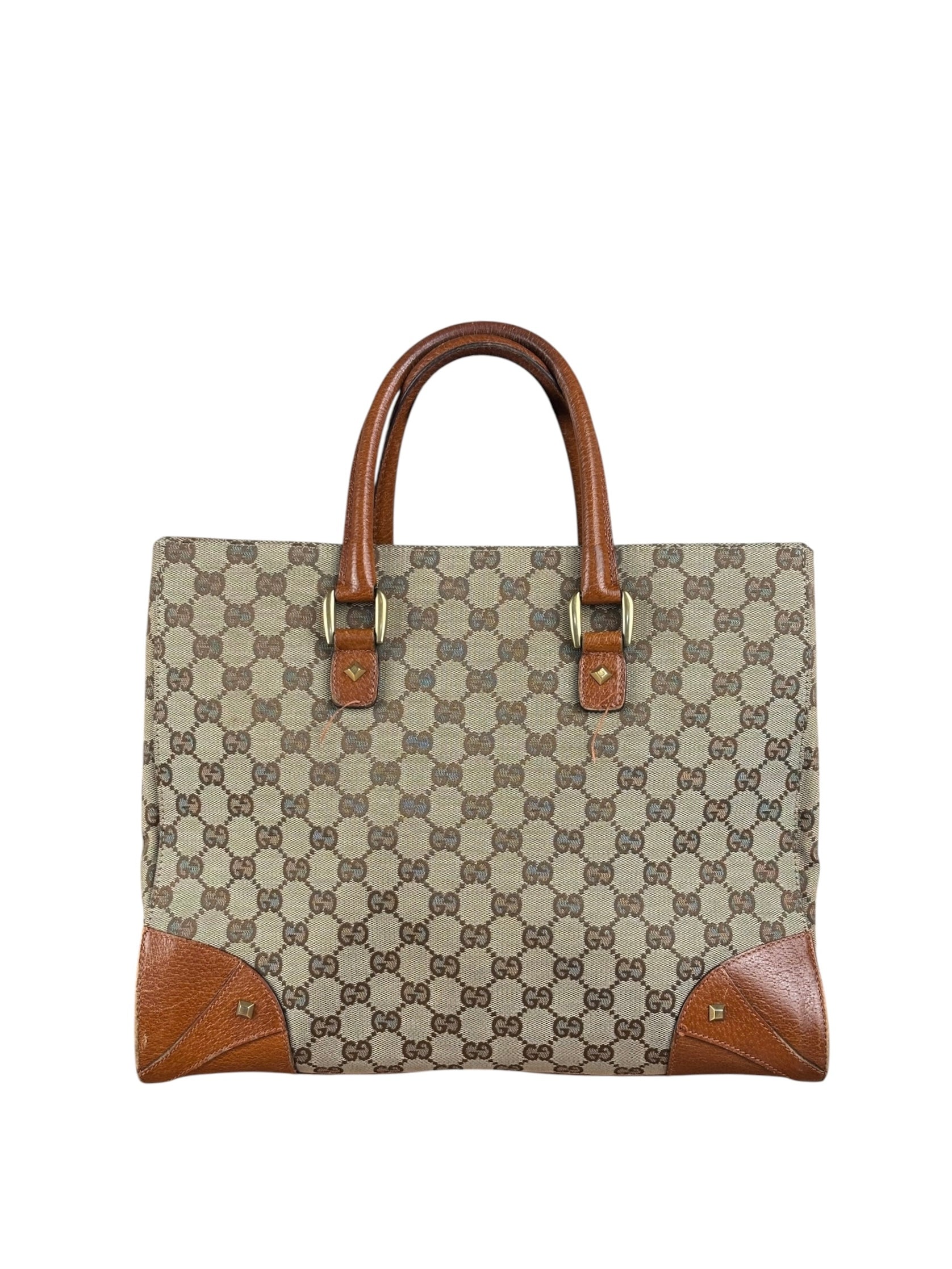 Gucci GG Brown Leather Trim Canvas Monogram Tote Bag