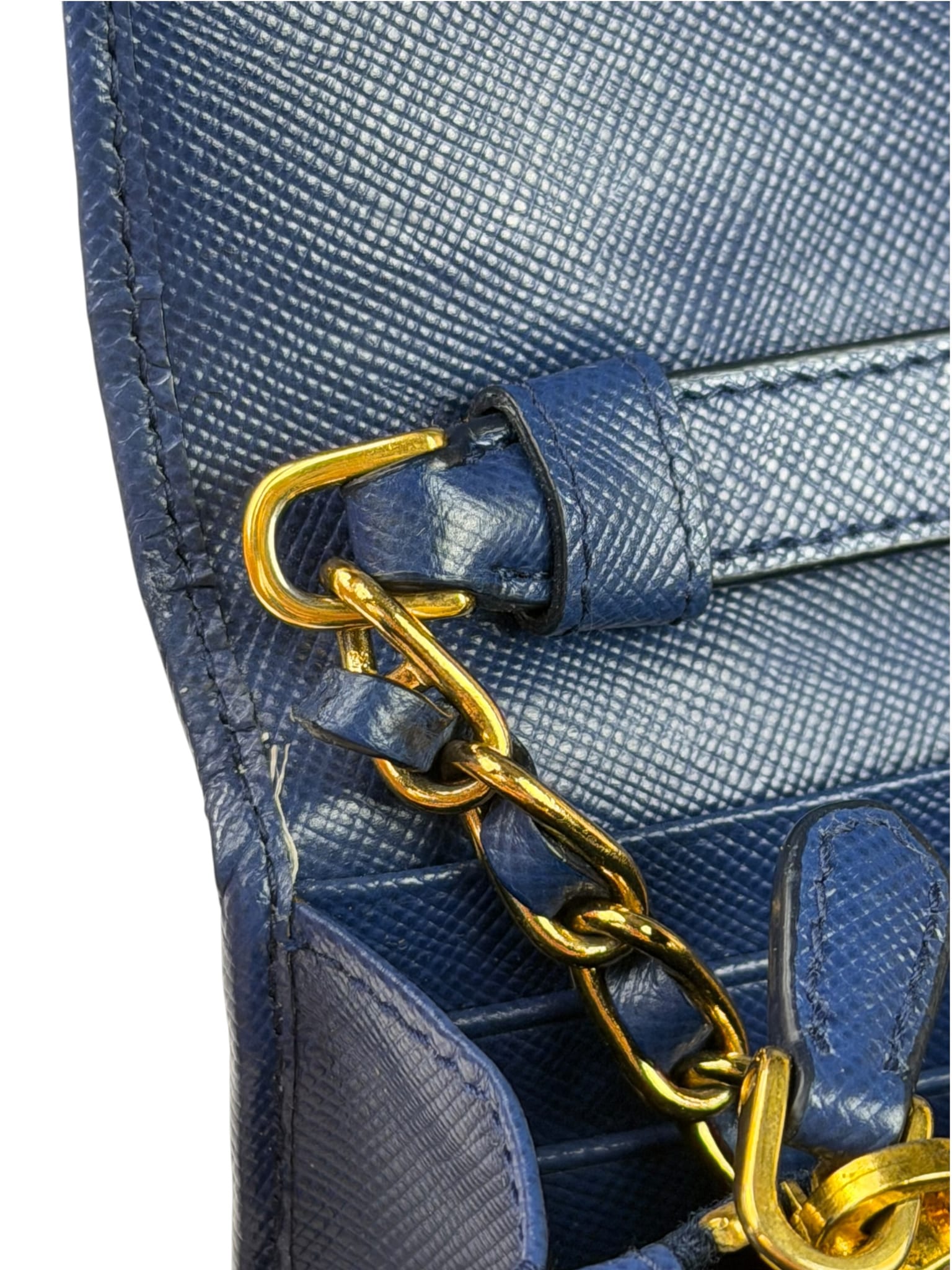 Prada Blue Saffiano Leather Fire Flap Wallet On Chain