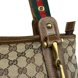 Gucci Vintage Brown Leather Trim Grommet Web Shoulder Bag