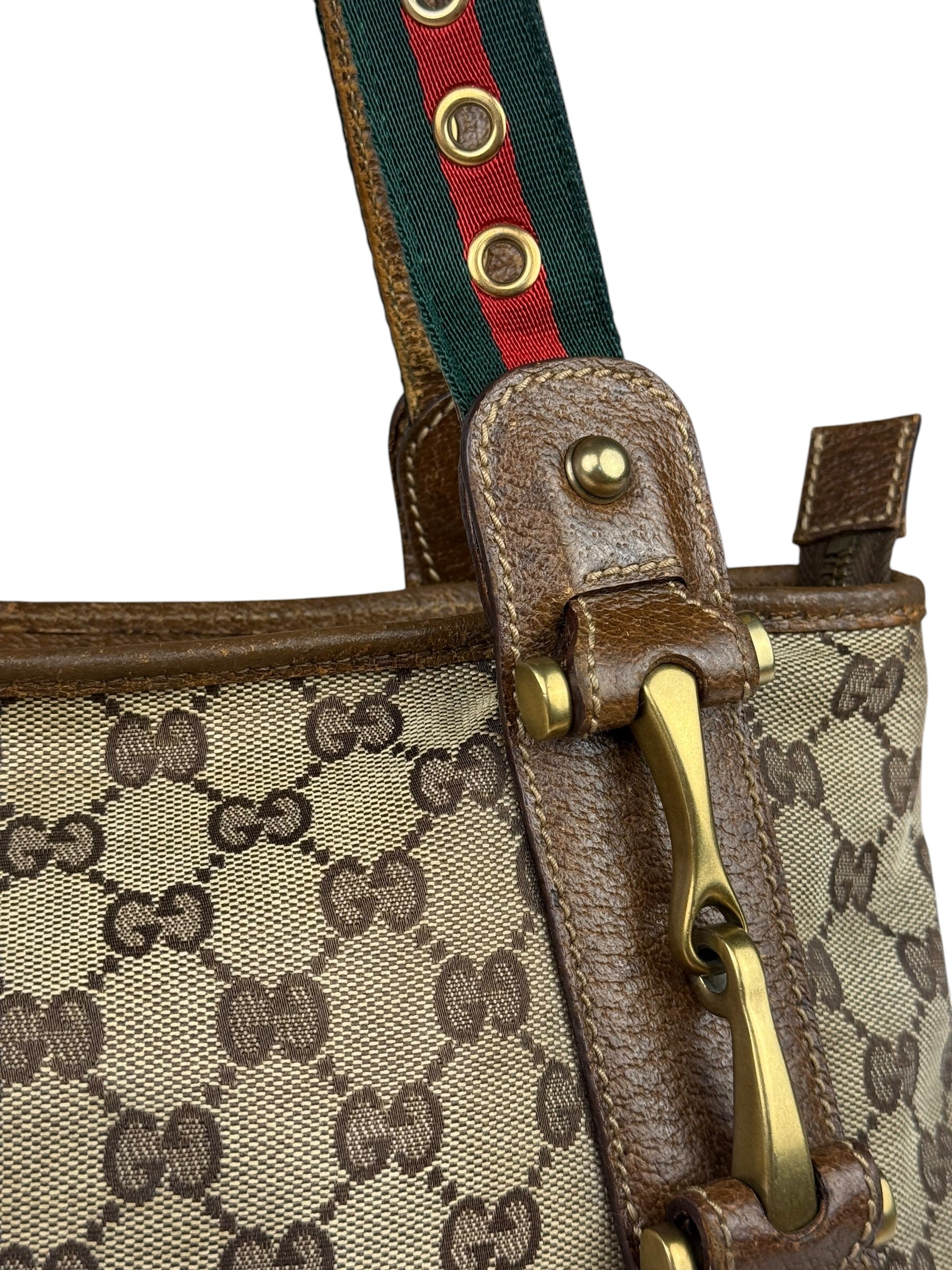 Gucci Vintage Brown Leather Trim Grommet Web Shoulder Bag