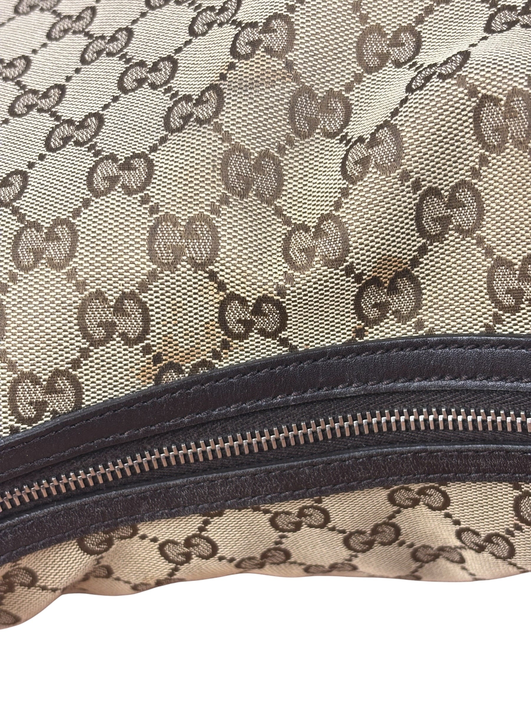 Gucci Vintage Dark Brown Leather Trim GG Canvas Twin Hobo Bag