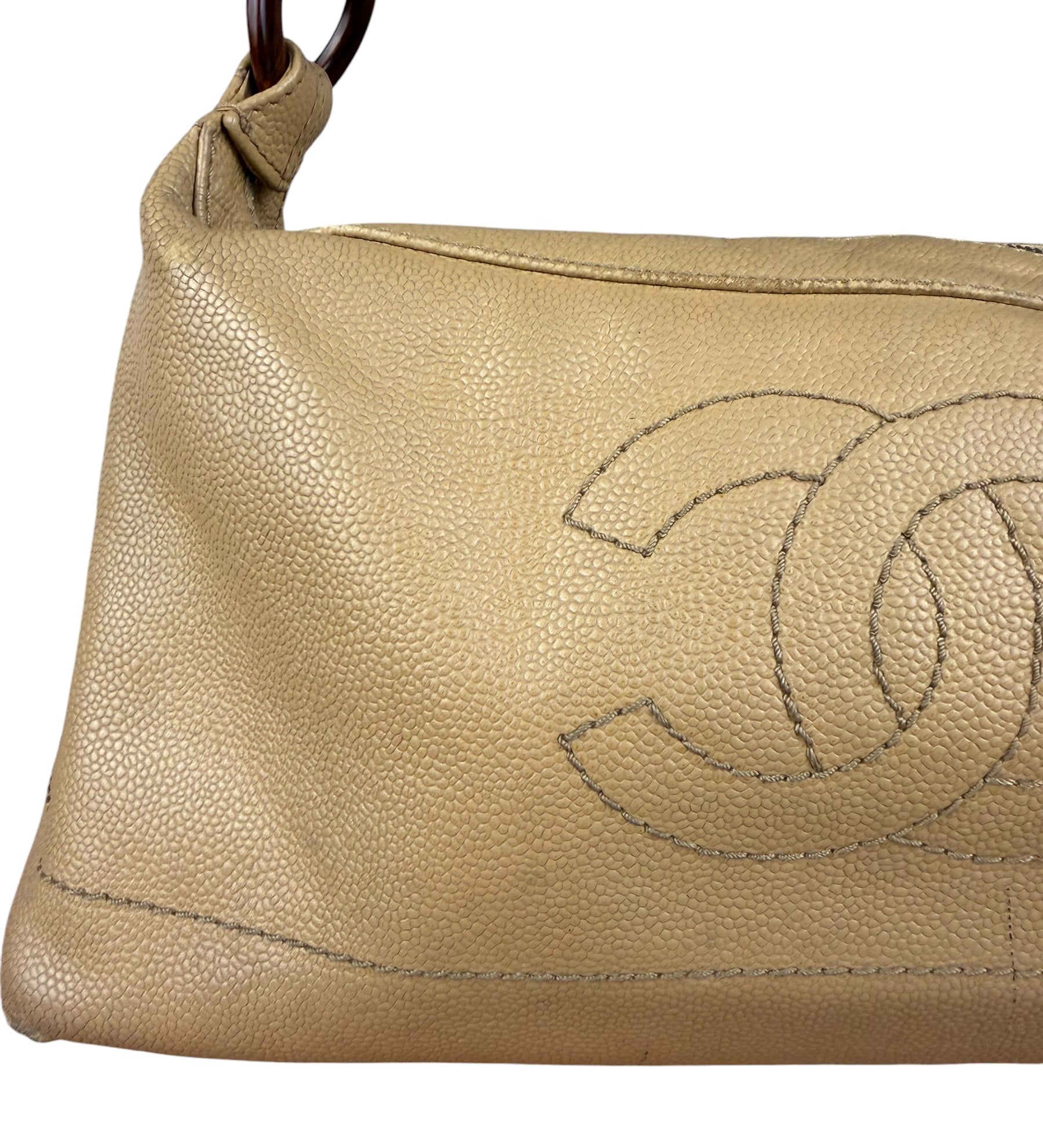 Chanel CC Vintage Beige Leather Caviar Wood Chain Hobo Bag