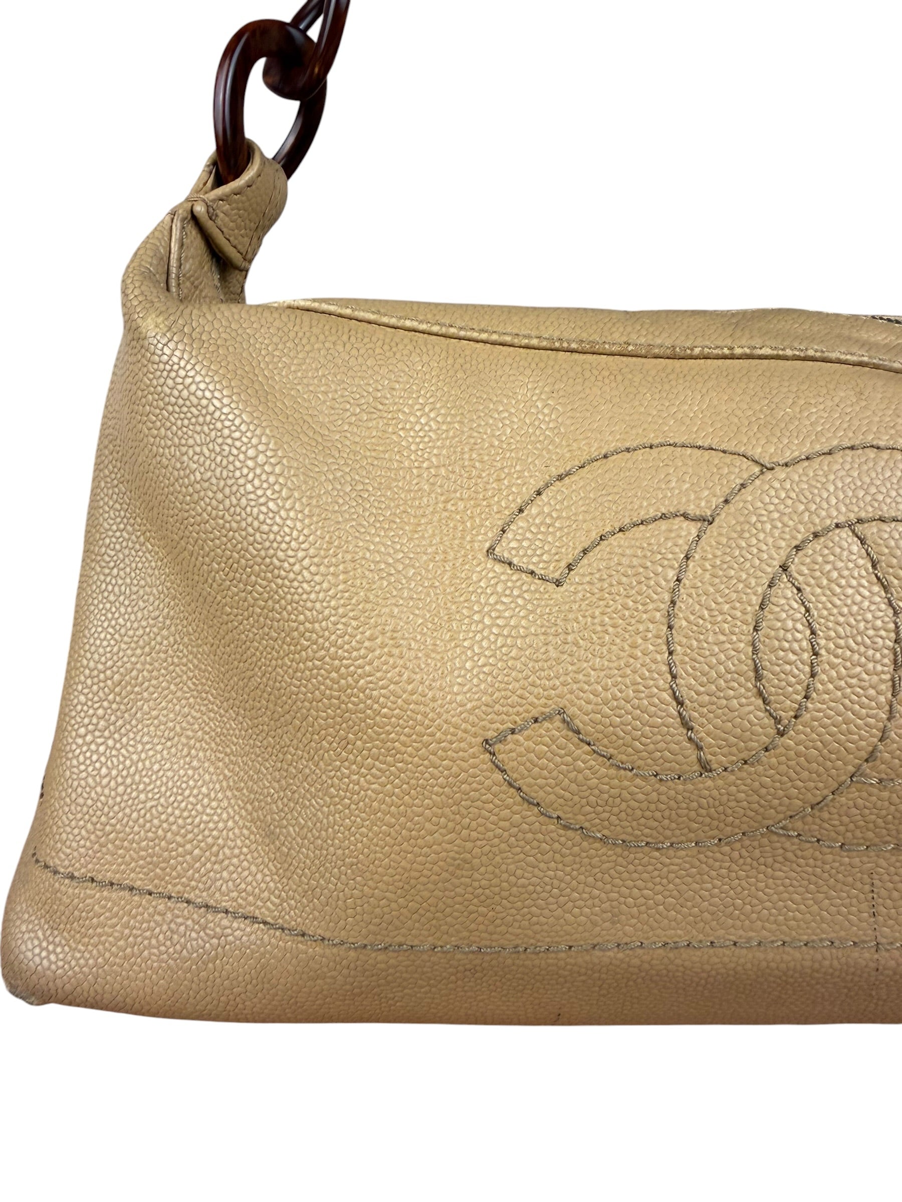 Chanel CC Vintage Beige Leather Caviar Wood Chain Hobo Bag