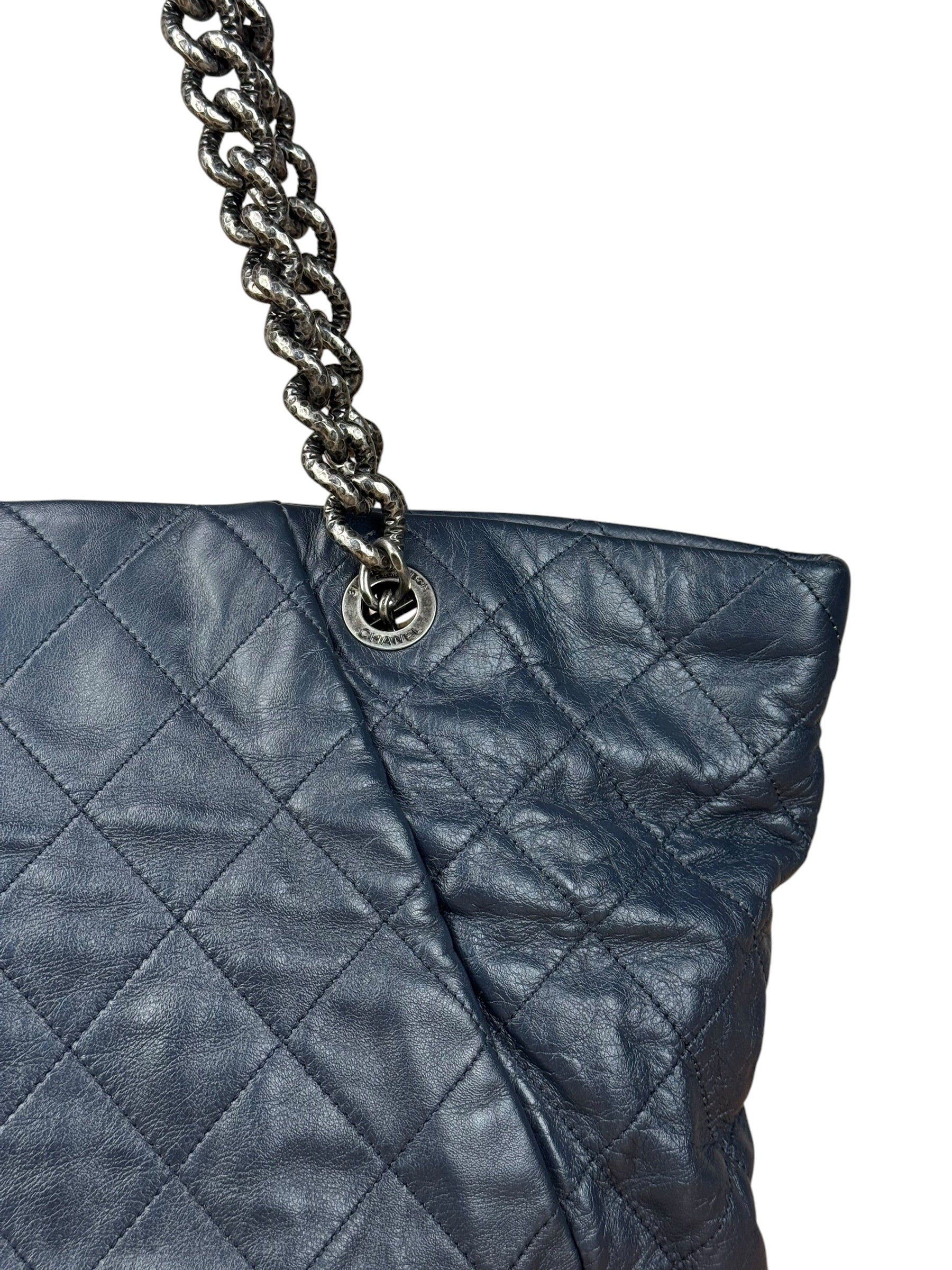 Chanel Dark Navy Quilted Leather Coco Pleats Chain Tote 2012