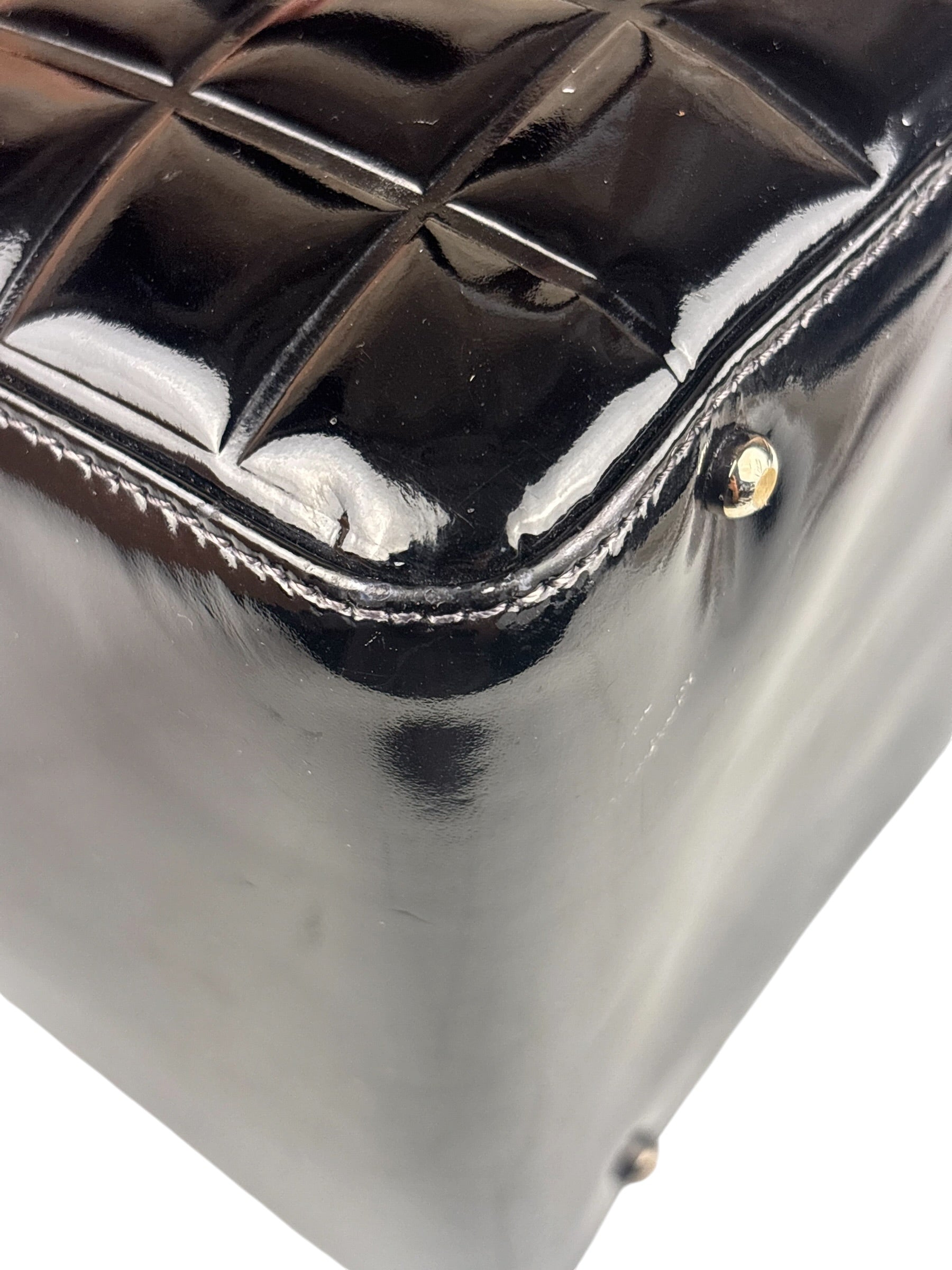 Chanel Black Leather Patent Chocolate Bar Bowler Hand Bag
