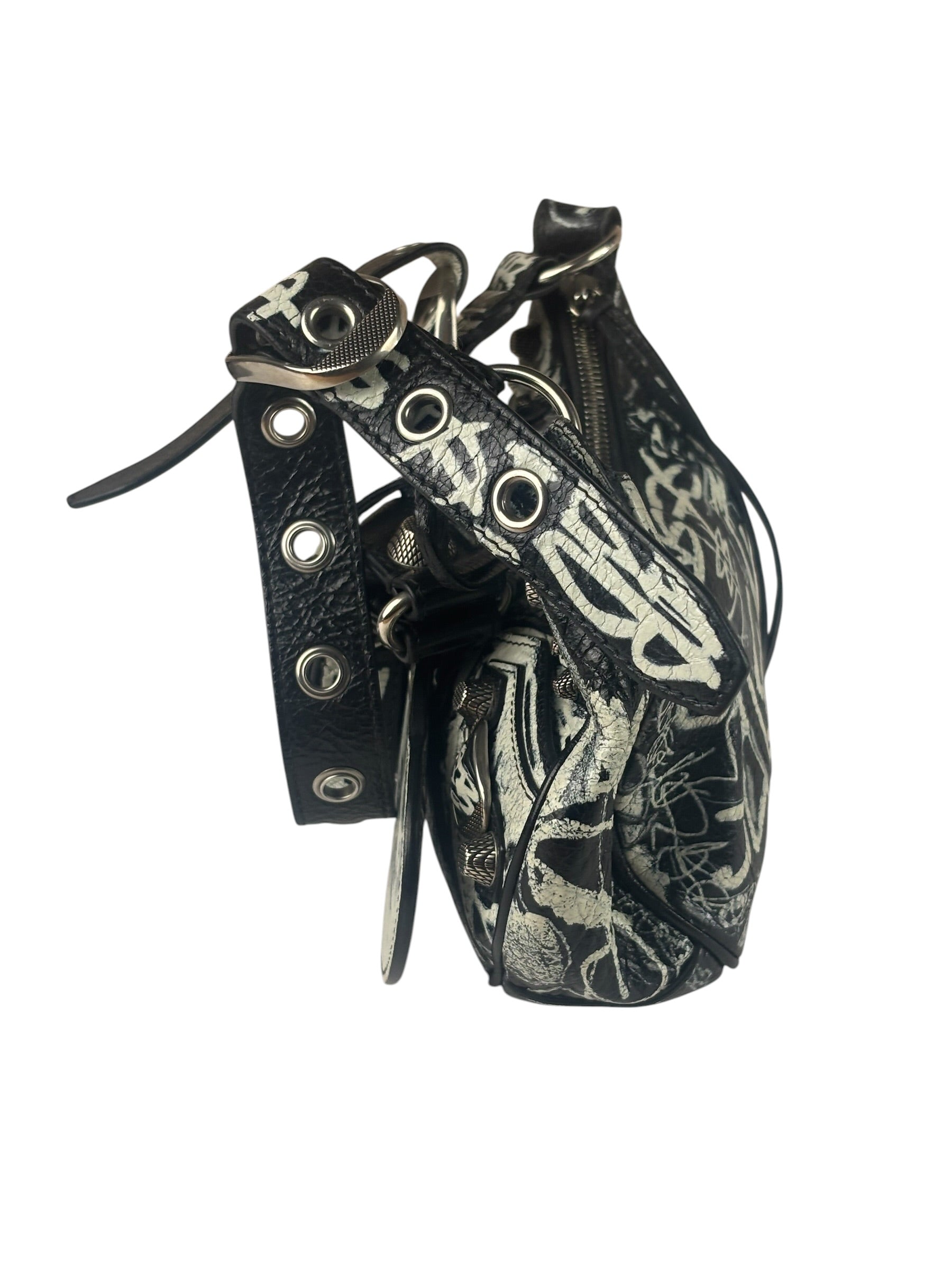 Balenciaga Black/White Leather Le Cagole Graffiti Shoulder Bag