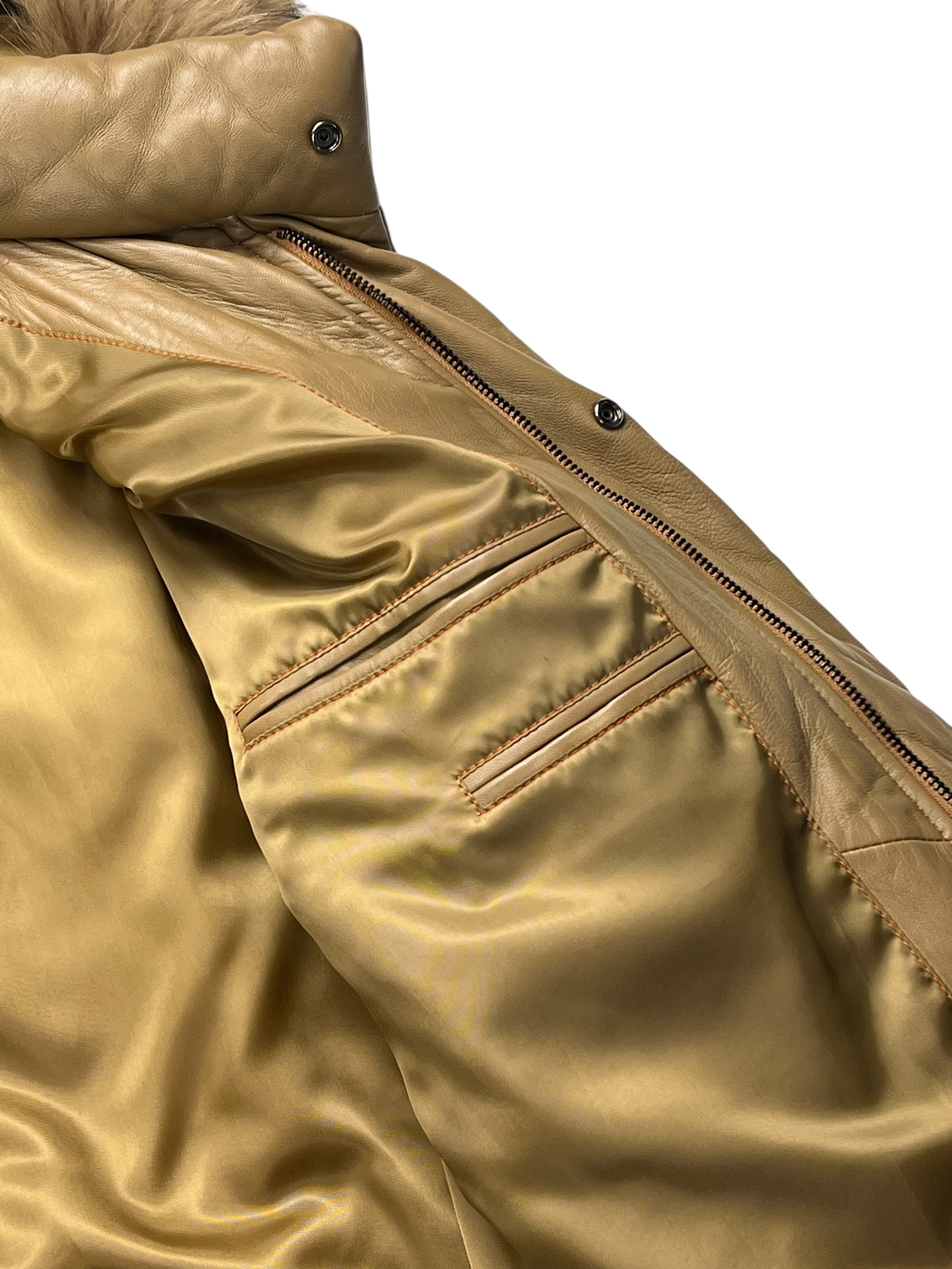 Balmain Beige Leather Puffer Fur Hooded Coat