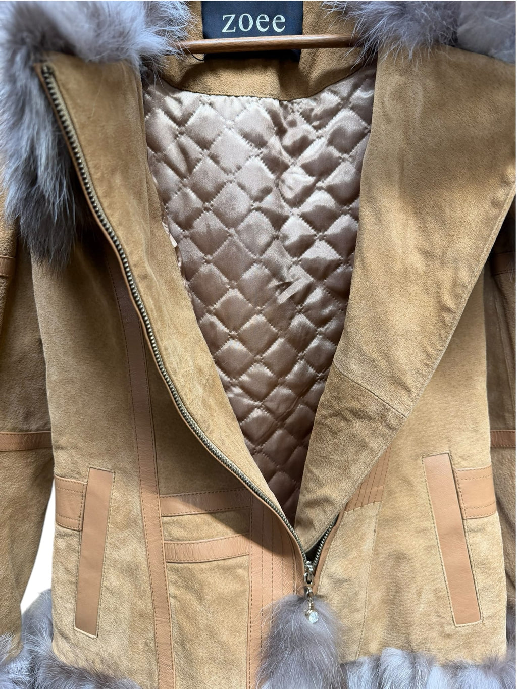 Vintage Zoee Fox Fur Trim Brown Leather Zip Jacket