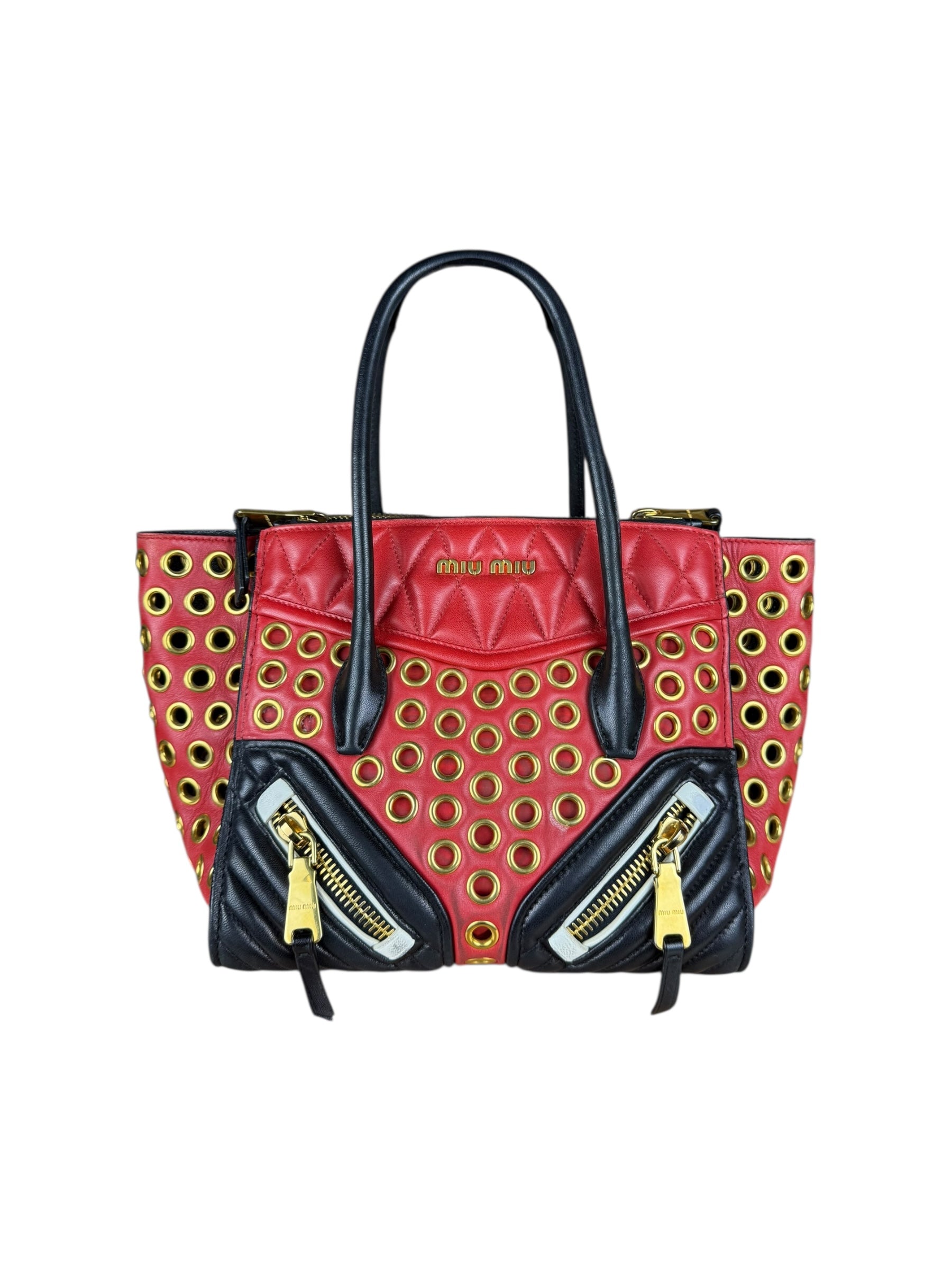 Miu Miu Leather Rings Red Biker Tote