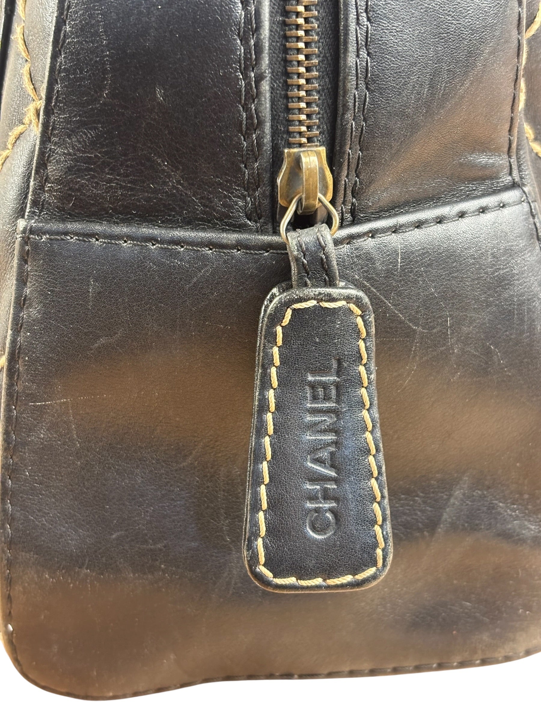 Chanel Vintage Black Leather Wild Stitch Bowler Shoulder Bag 2001