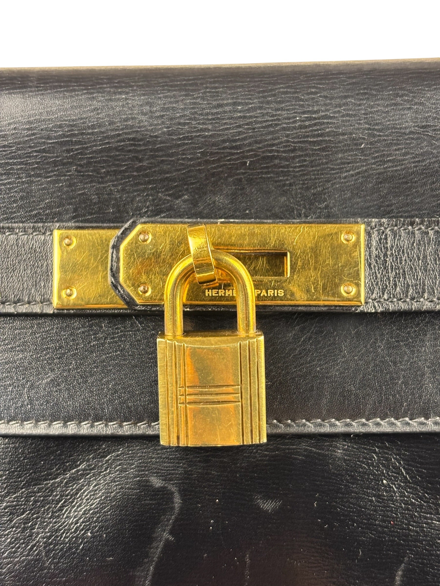 Hermes Black Box Leather Kelly 32 Handbag 1979