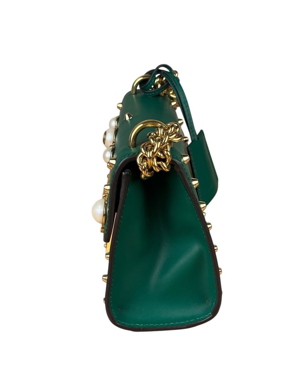 Gucci Green Leather Faux Pearls & Studs Small Padlock Bag