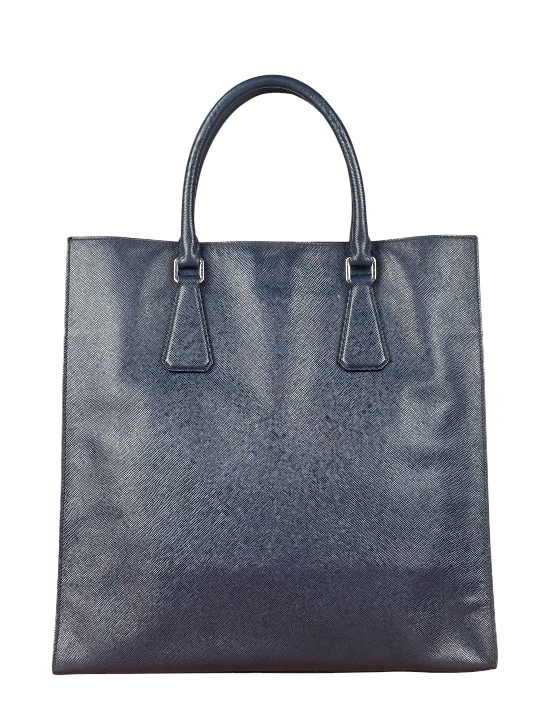 Prada Navy Blue Saffiano Leather Vertical Tote Bag